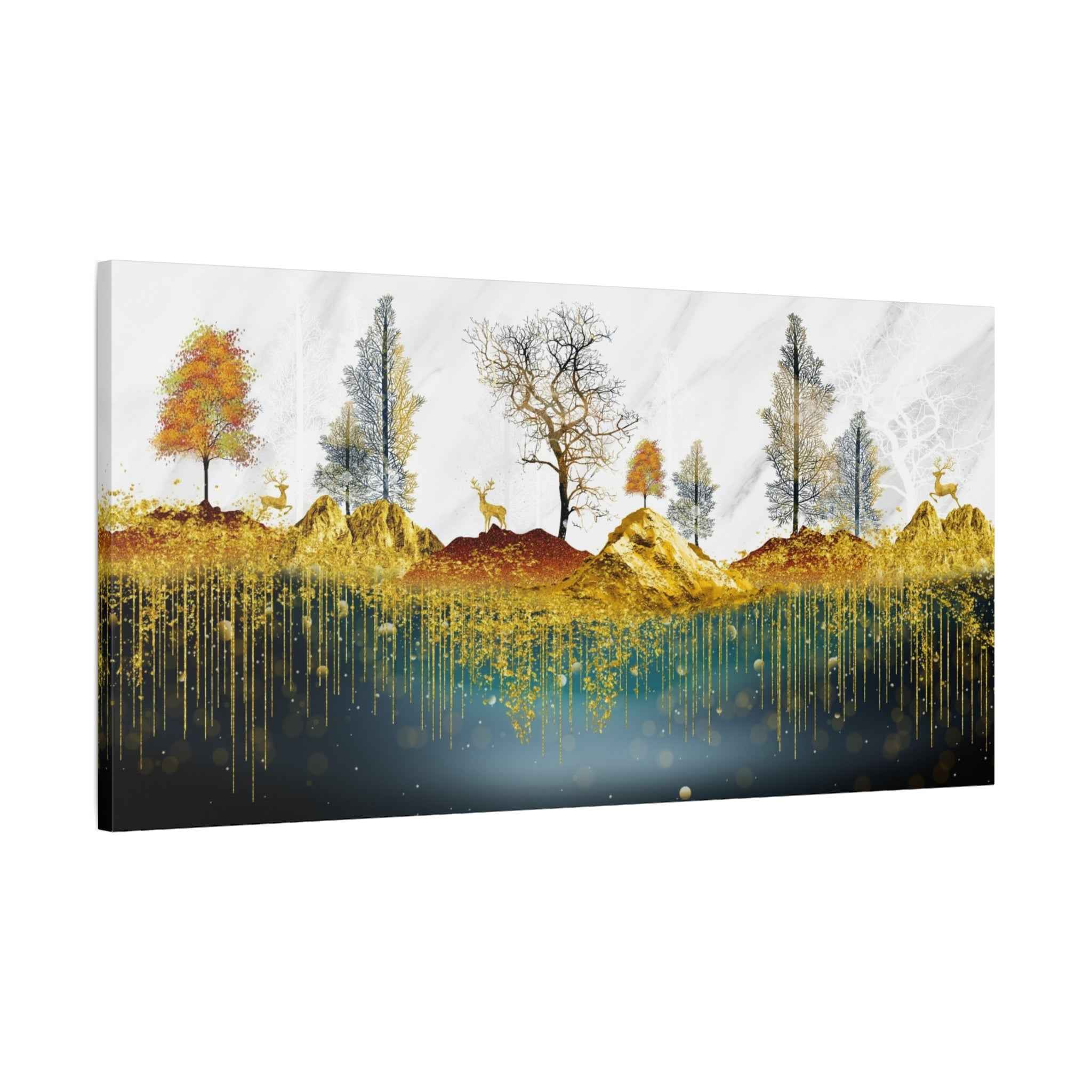 Golden Forest Landscape Deer Canvas Wall Art – Luxury Nature Decor
