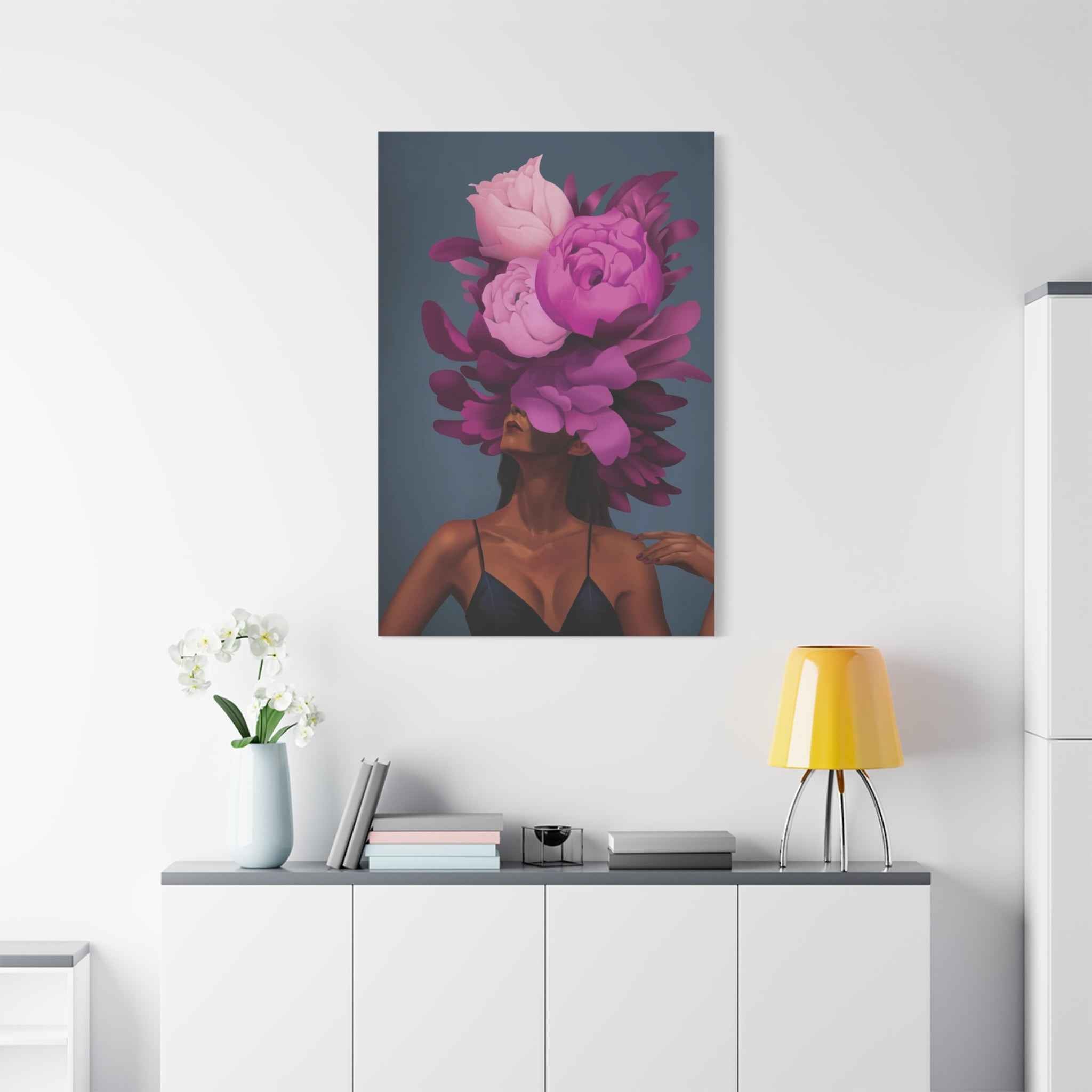 Floral Portrait Canvas Print — Woman with Oversized Pink Peony Hat (Matte Stretched) - TheKaraHan