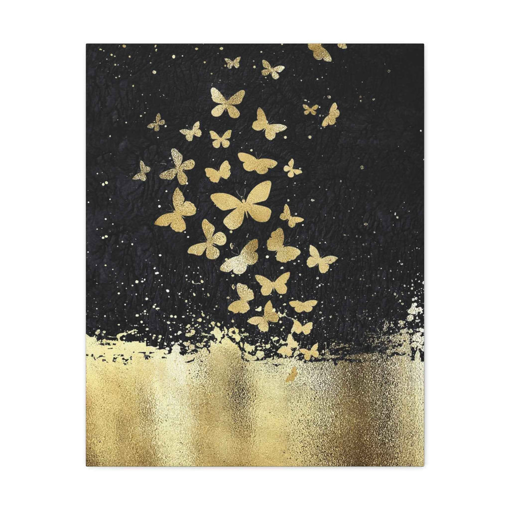 Canvas Art - Gold Butterflies Canvas Art on Black Abstract Matte Stretched Canvas - TheKaraHan