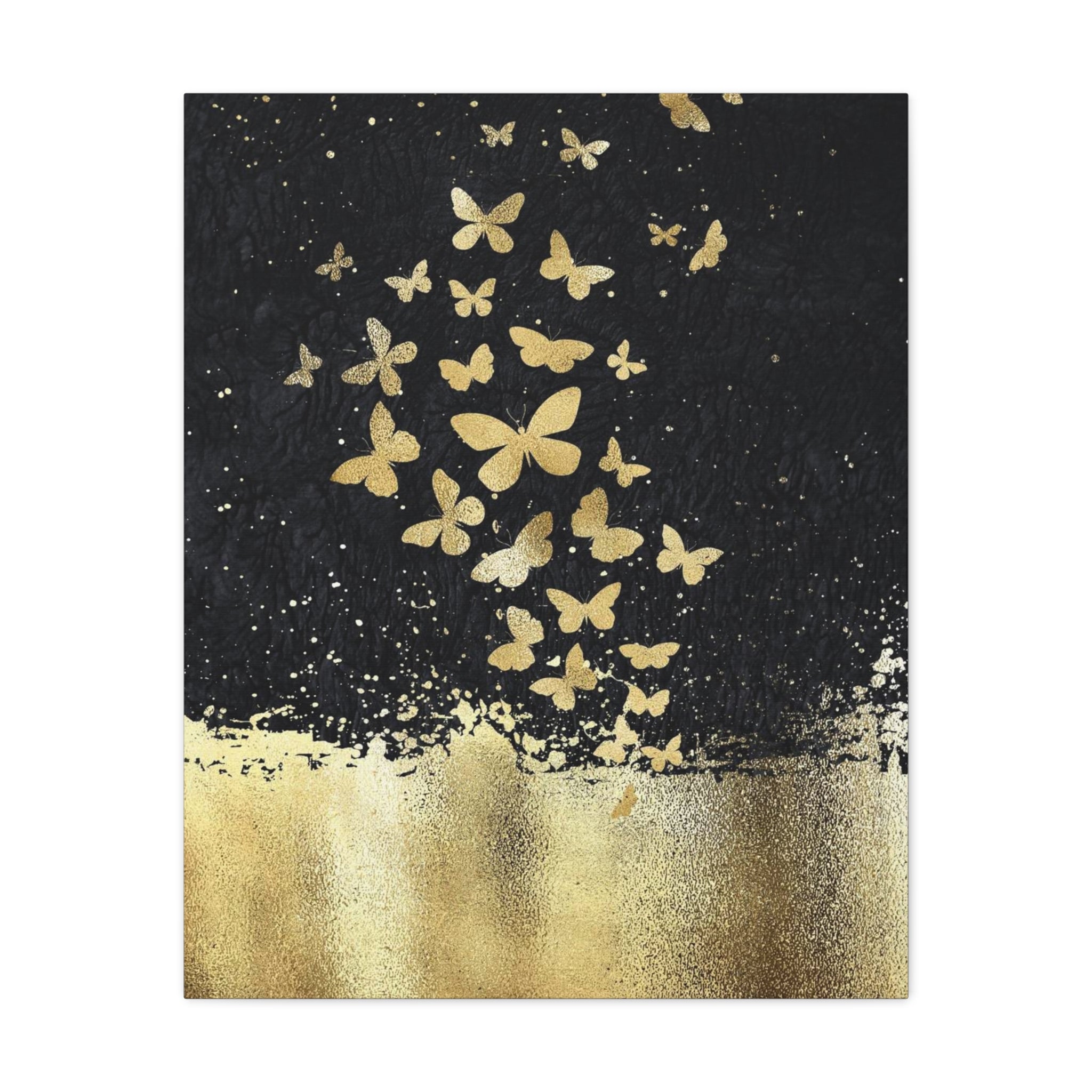 Canvas Art - Gold Butterflies on Black Abstract Matte Stretched Canvas 