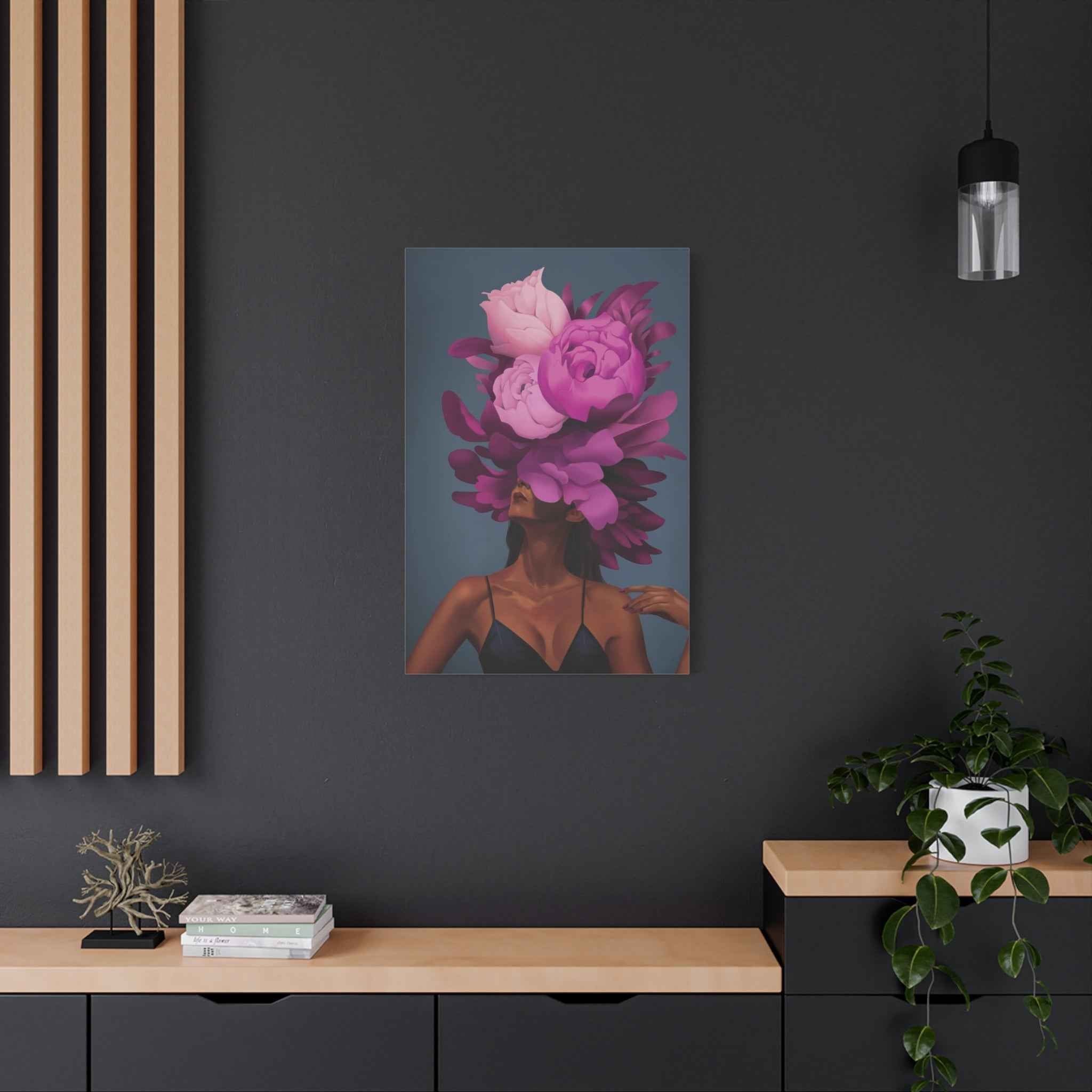 Floral Portrait Canvas Print — Woman with Oversized Pink Peony Hat (Matte Stretched) - TheKaraHan