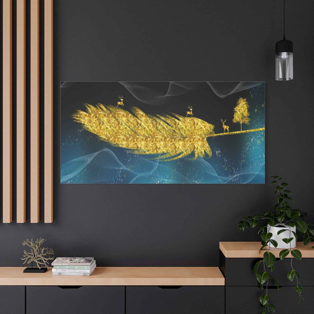 Golden Feather Deer Landscape Canvas Wall Art – Luxury Nature Decor