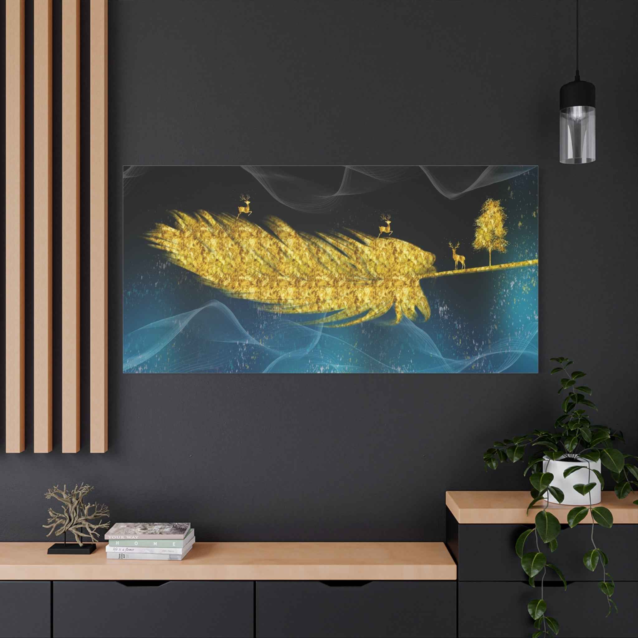 Golden Feather Deer Landscape Canvas Wall Art – Luxury Nature Decor