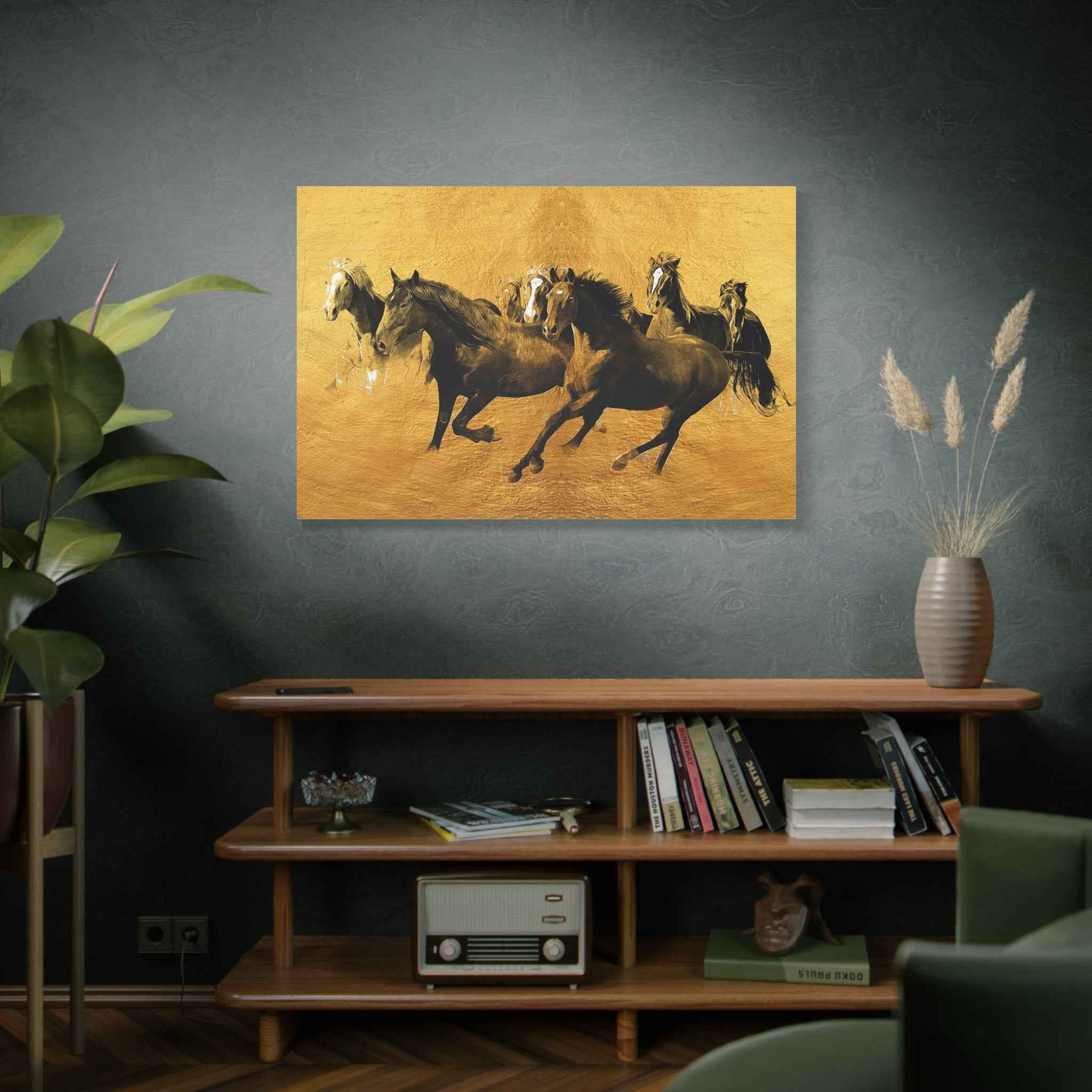 Golden Running Horses Canvas Wall Art – Wild Horse Decor