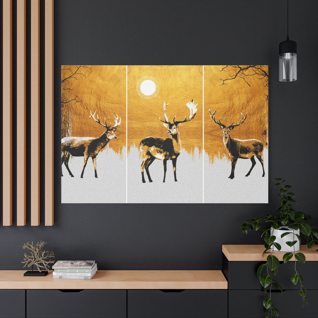 Golden Stag Canvas Wall Art - Matte Stretched Triptych Deer Print - TheKaraHan