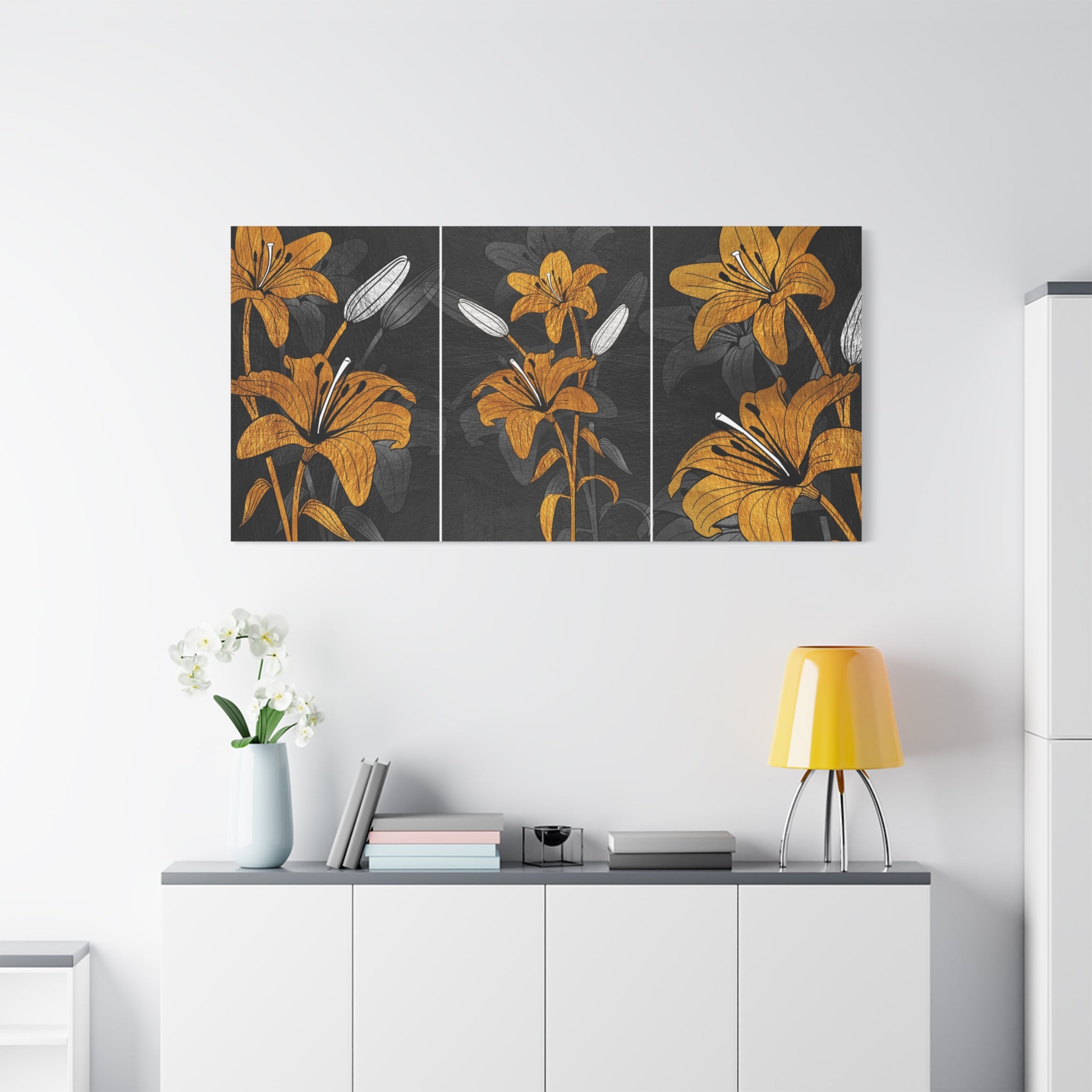 Lily Triptych Canvas Art - Golden Floral Stretched Matte Wall Decor - TheKaraHan