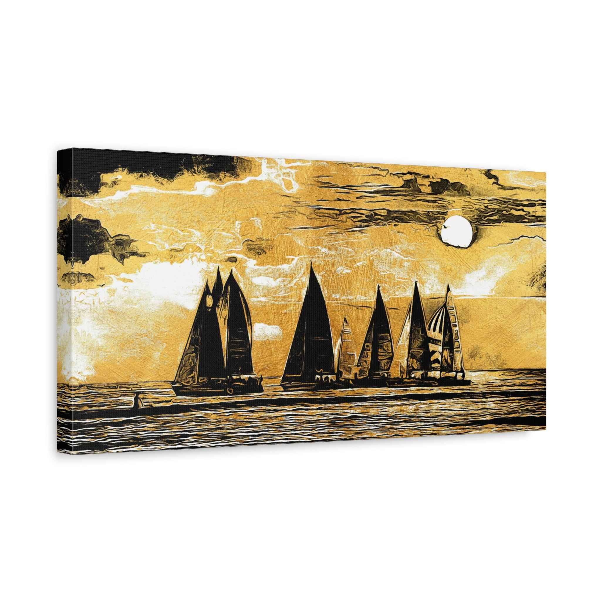 Golden Sailboat Wall Art Canvas – Vintage Ocean Landscape Luxury Nautical Artwork