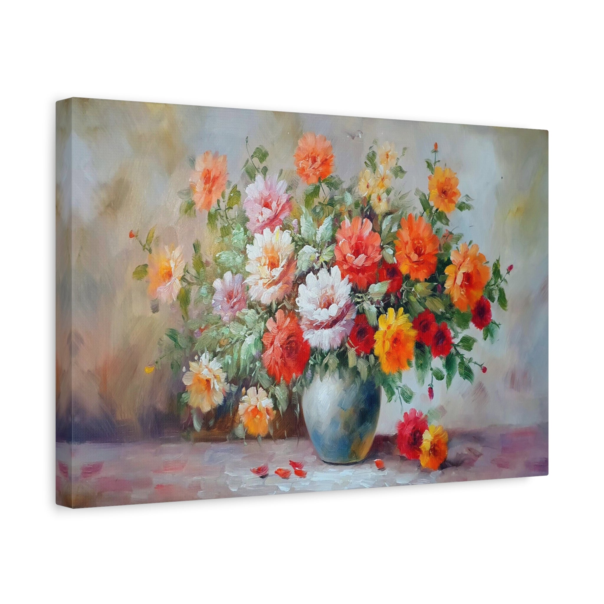 Floral Bouquet Canvas Wall Art – Vibrant Vase of Orange & Pink Flowers, Matte Stretched Print 