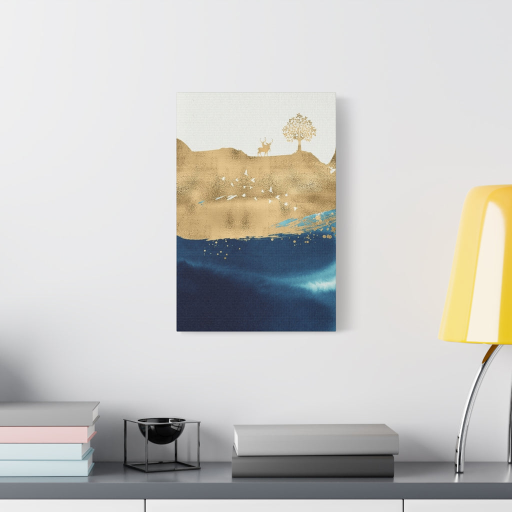 Canvas Wall Art - Gold & Navy Abstract Landscape with Deer 