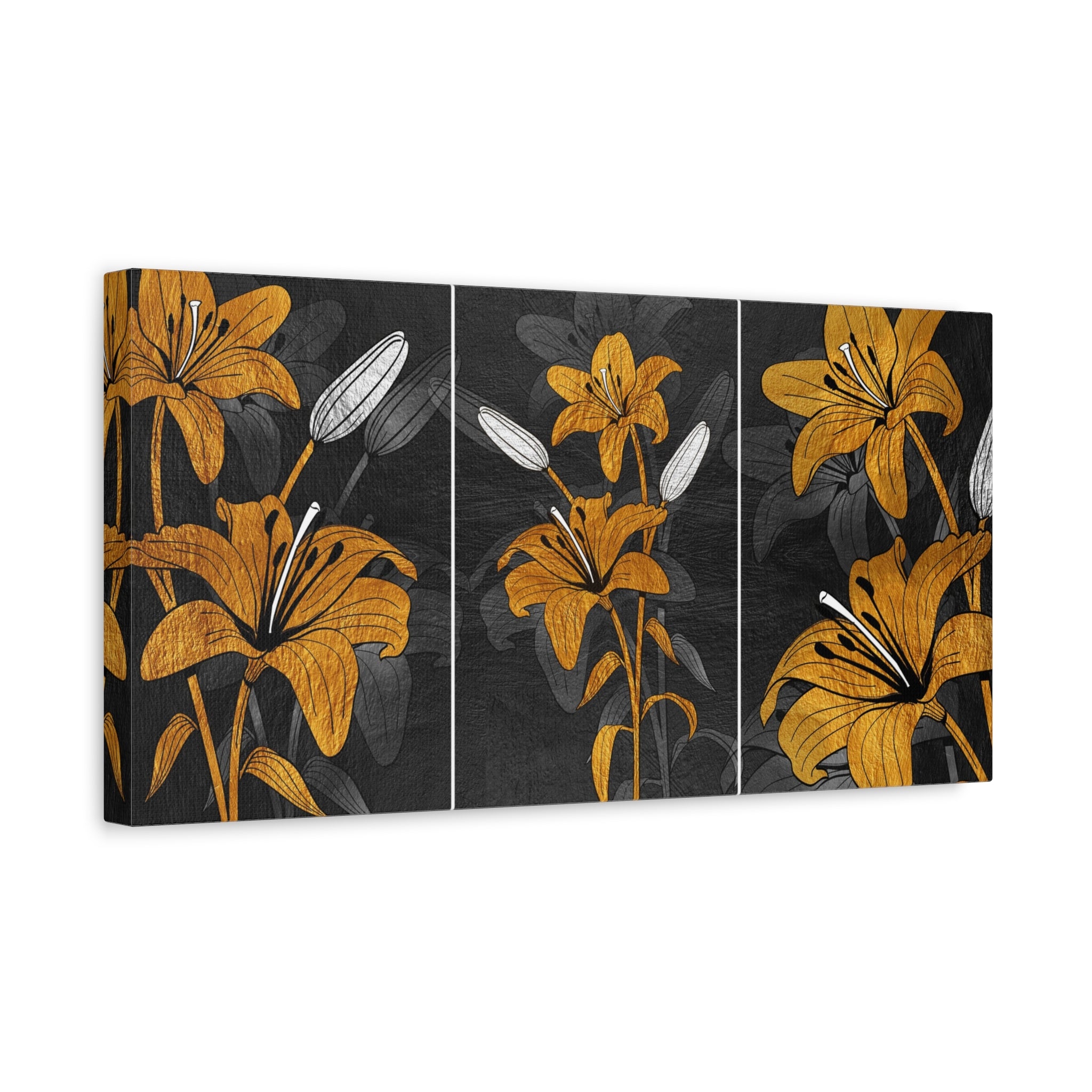 Lily Triptych Canvas Art - Golden Floral Stretched Matte Wall Decor - TheKaraHan