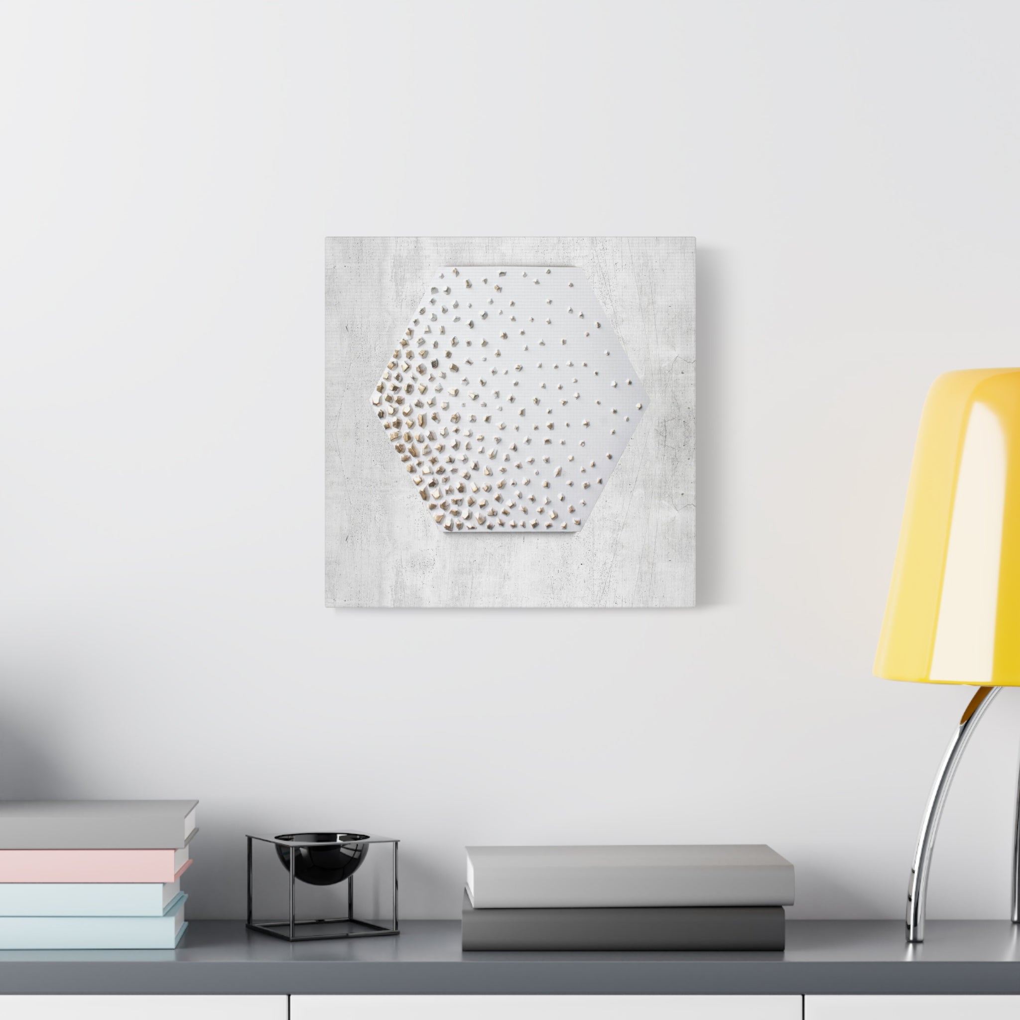 Hexagon Gold Dot Matte Canvas Wall Art — Neutral Modern Textured Home Decor 