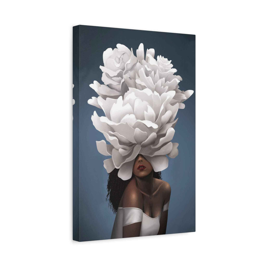 Floral Veil Canvas Wall Art — Elegant Woman with Oversized White Peony - TheKaraHan