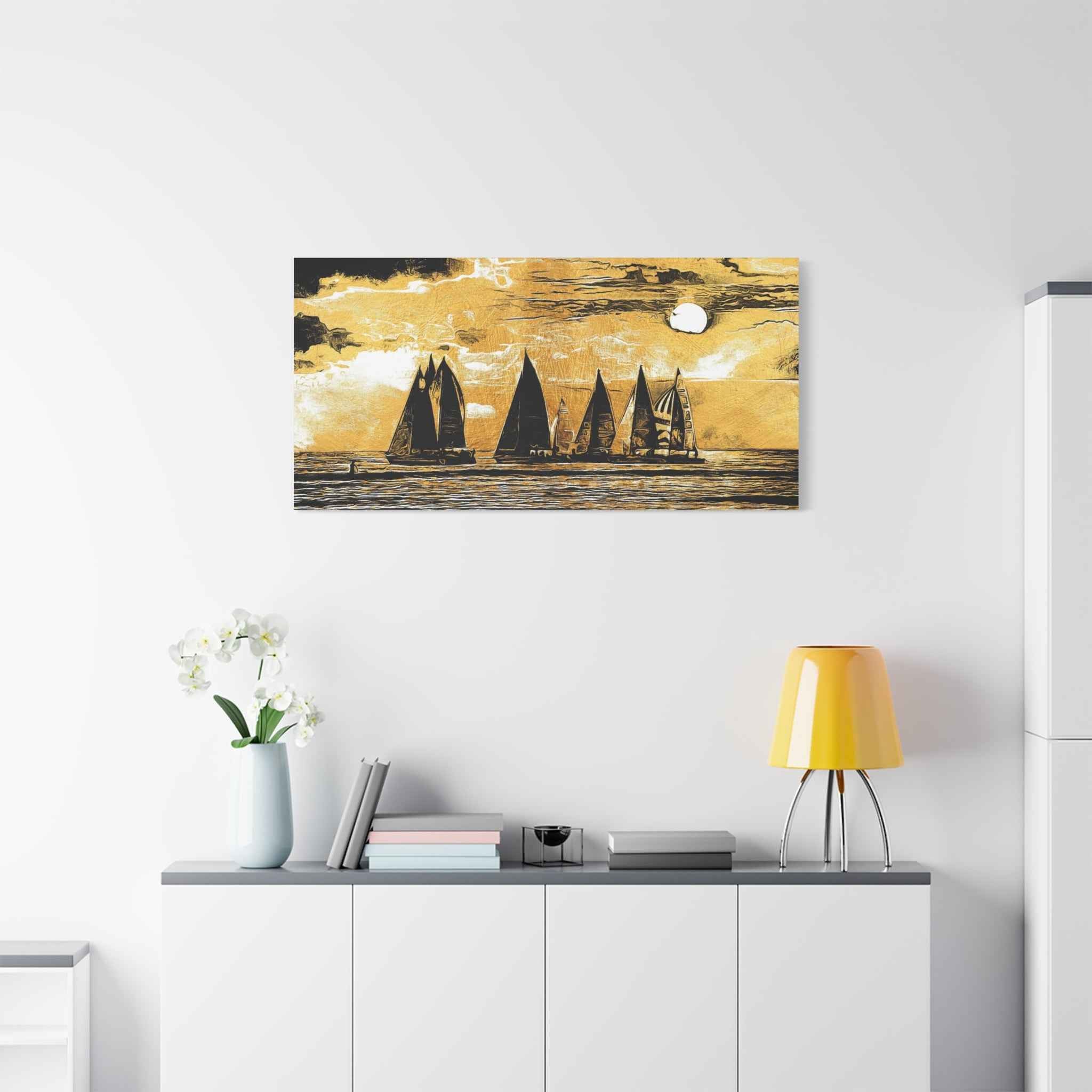 Golden Sailboat Wall Art Canvas – Vintage Ocean Landscape Luxury Nautical Artwork