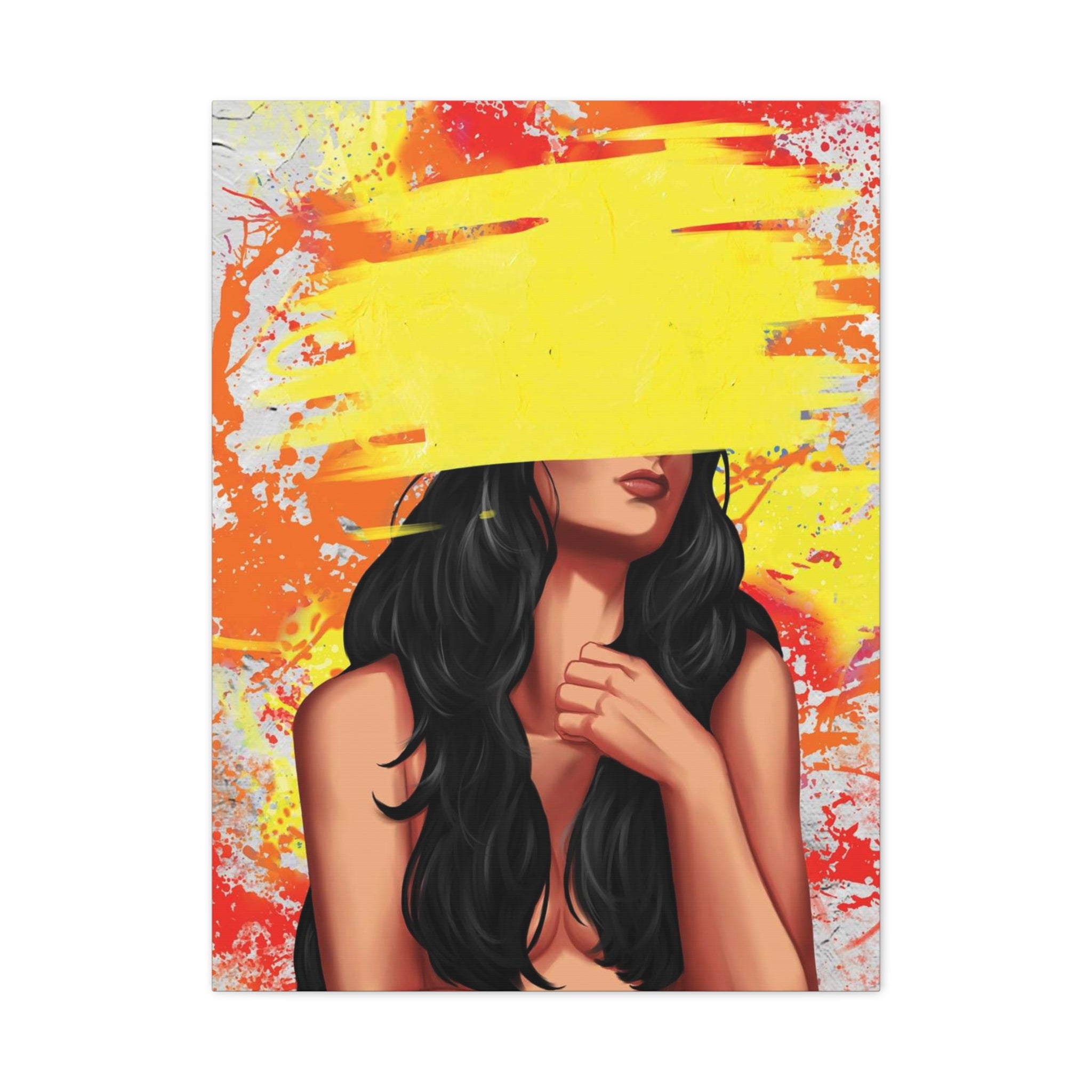 Abstract Femme Nude Canvas Art – Yellow Paint Stroke Portrait 