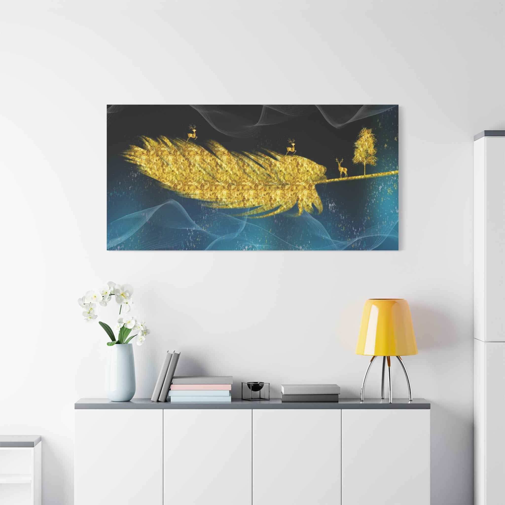 Golden Feather Deer Landscape Canvas Wall Art – Luxury Nature Decor