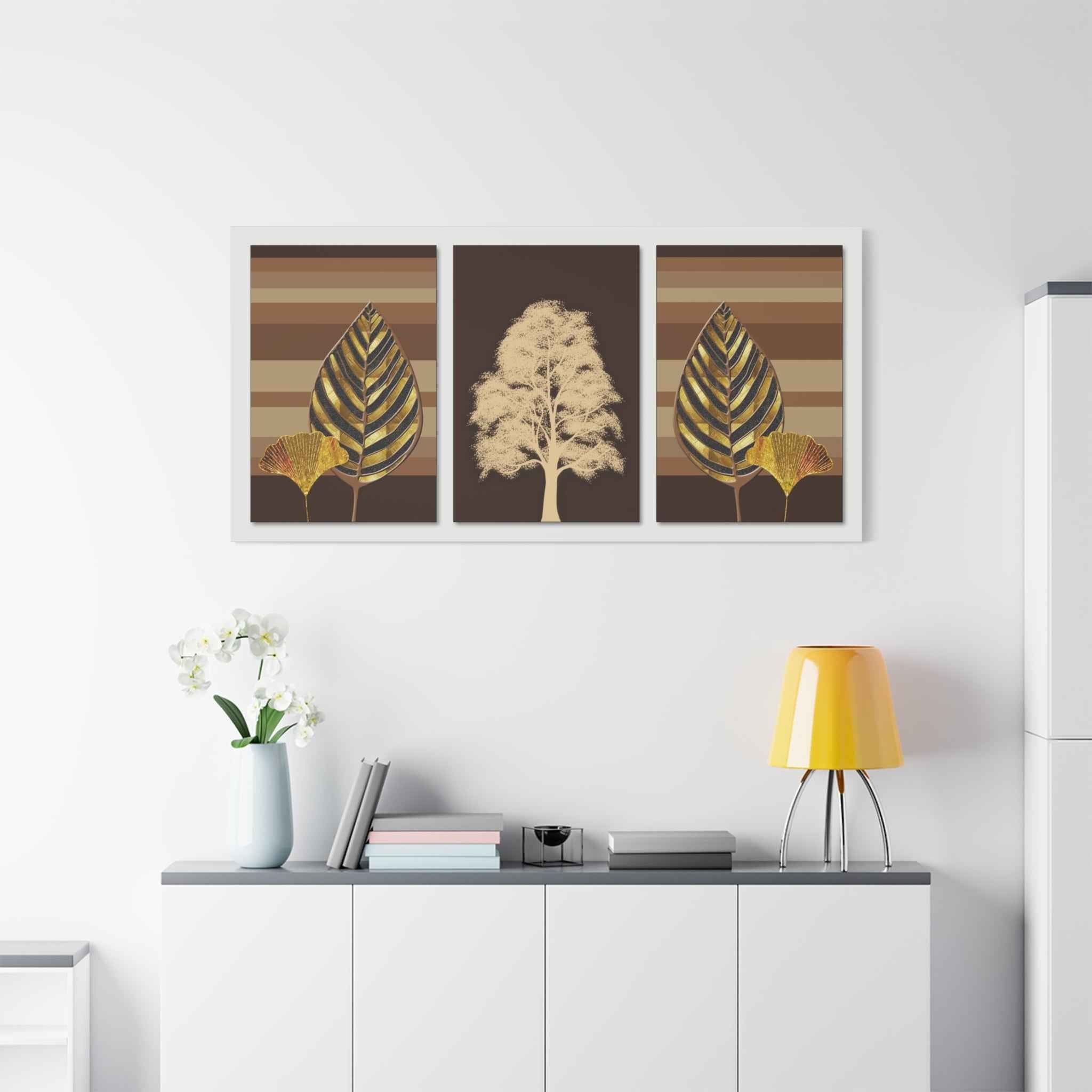 Golden Botanical Leaf Triptych Canvas Wall Art – Luxury Nature Decor