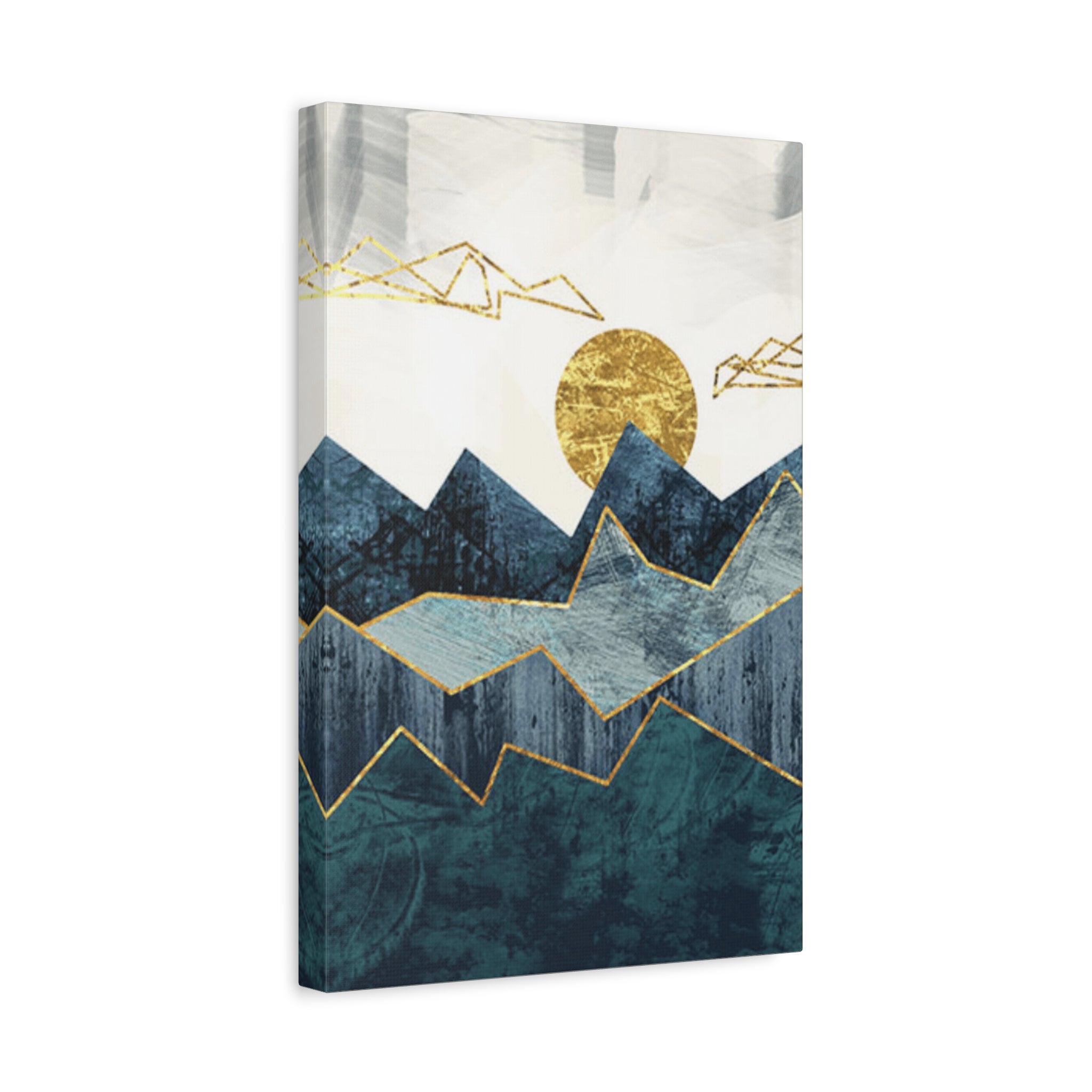 Abstract Mountain Canvas Print – Gold Sun Geometric Wall Art (Matte Stretched) 