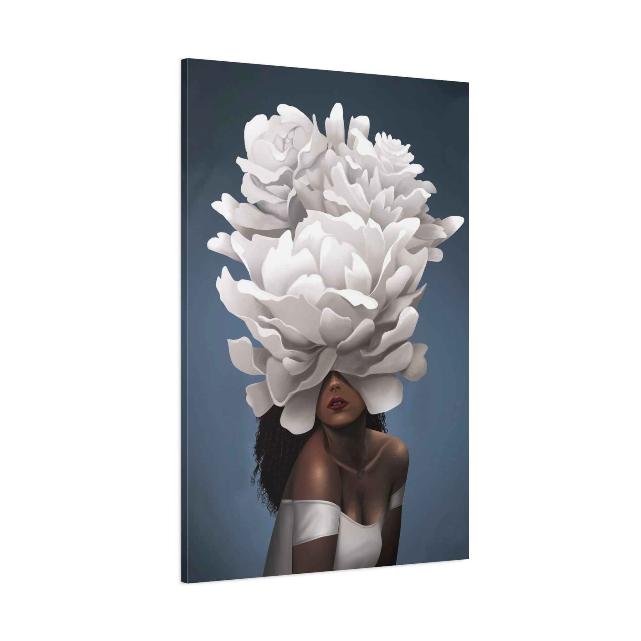 Floral Veil Canvas Wall Art — Elegant Woman with Oversized White Peony - TheKaraHan