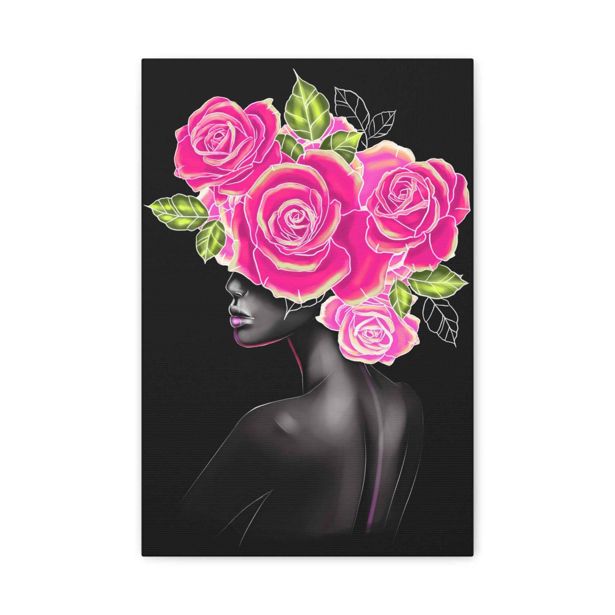 Pink Floral Woman Canvas Wall Art – Abstract Female Portrait