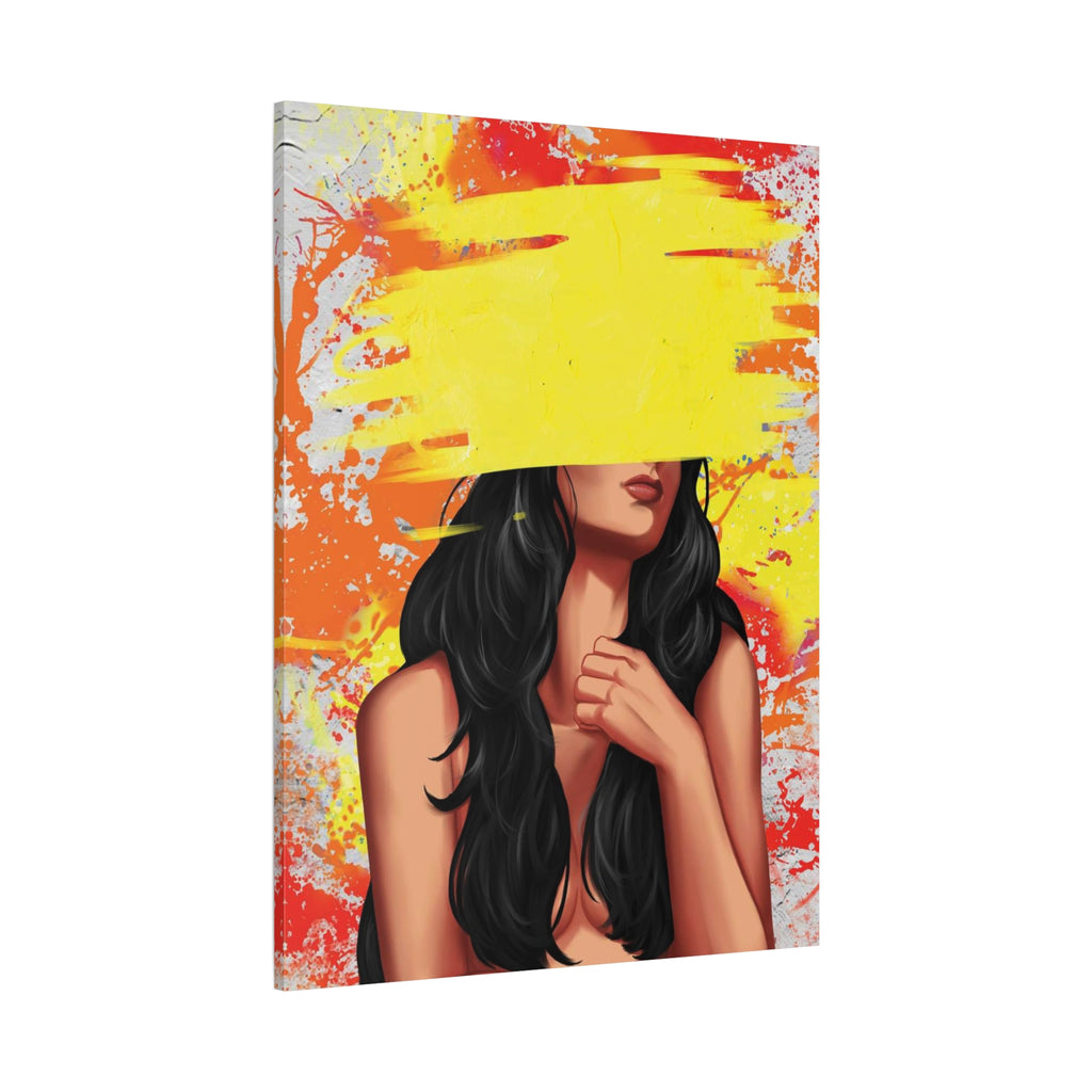 Abstract Femme Nude Canvas Art – Yellow Paint Stroke Portrait 