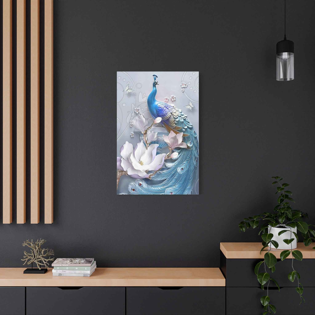 Blue Peacock Canvas Wall Art - Matte Stretched Floral Home Decor - TheKaraHan