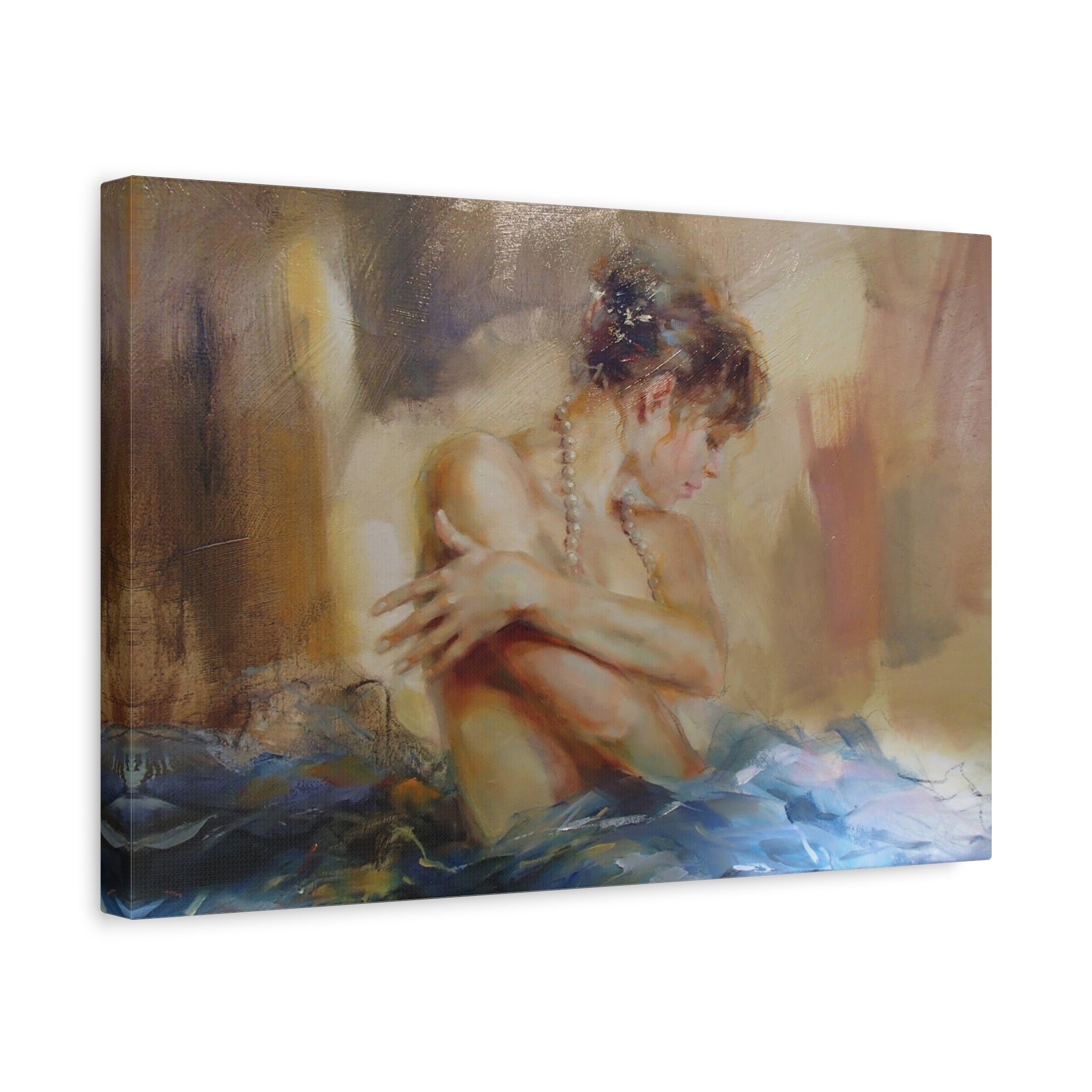 Matte Stretched Canvas – Romantic Figurative Art Print (Woman with Pearl Necklace)