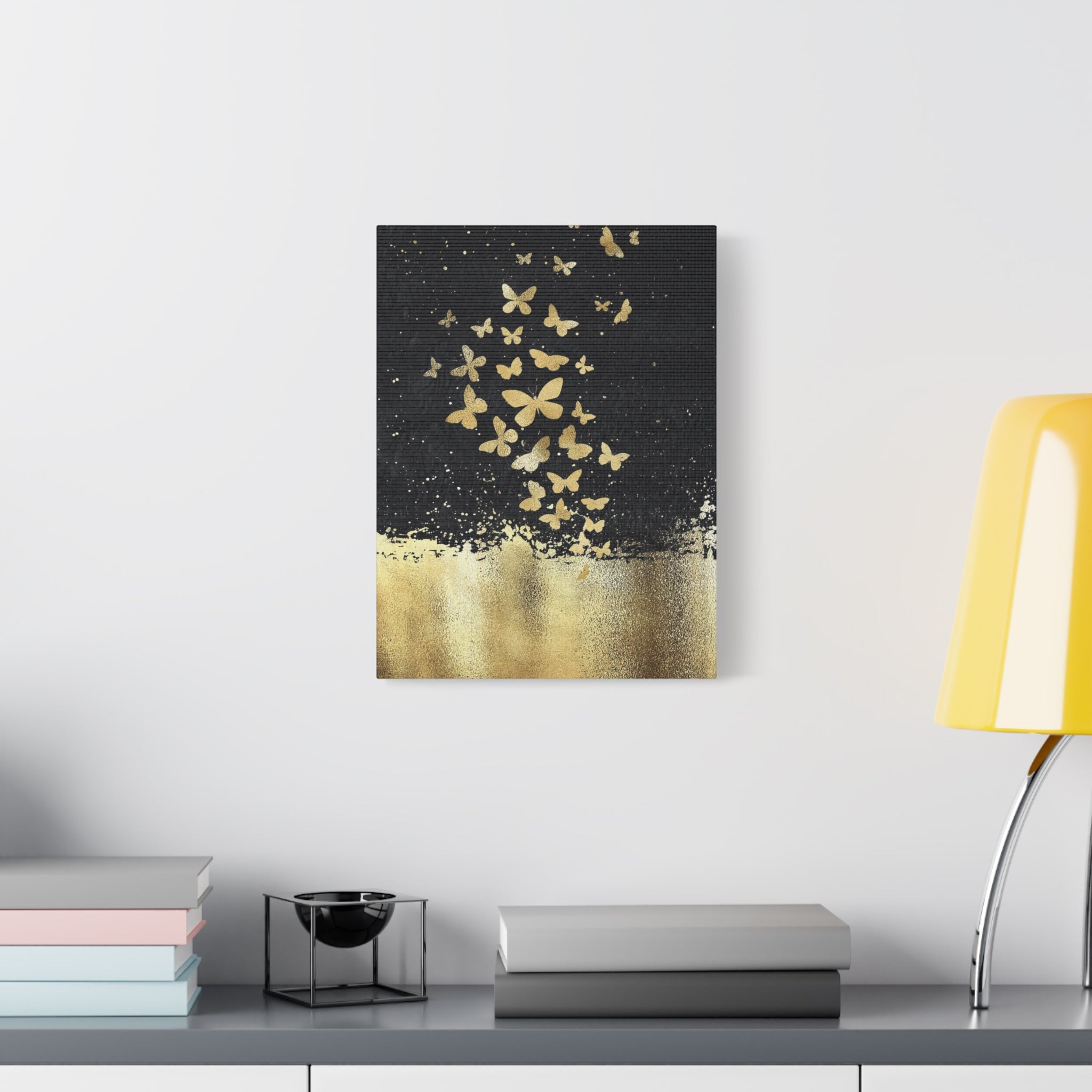 Canvas Art - Gold Butterflies on Black Abstract Matte Stretched Canvas 