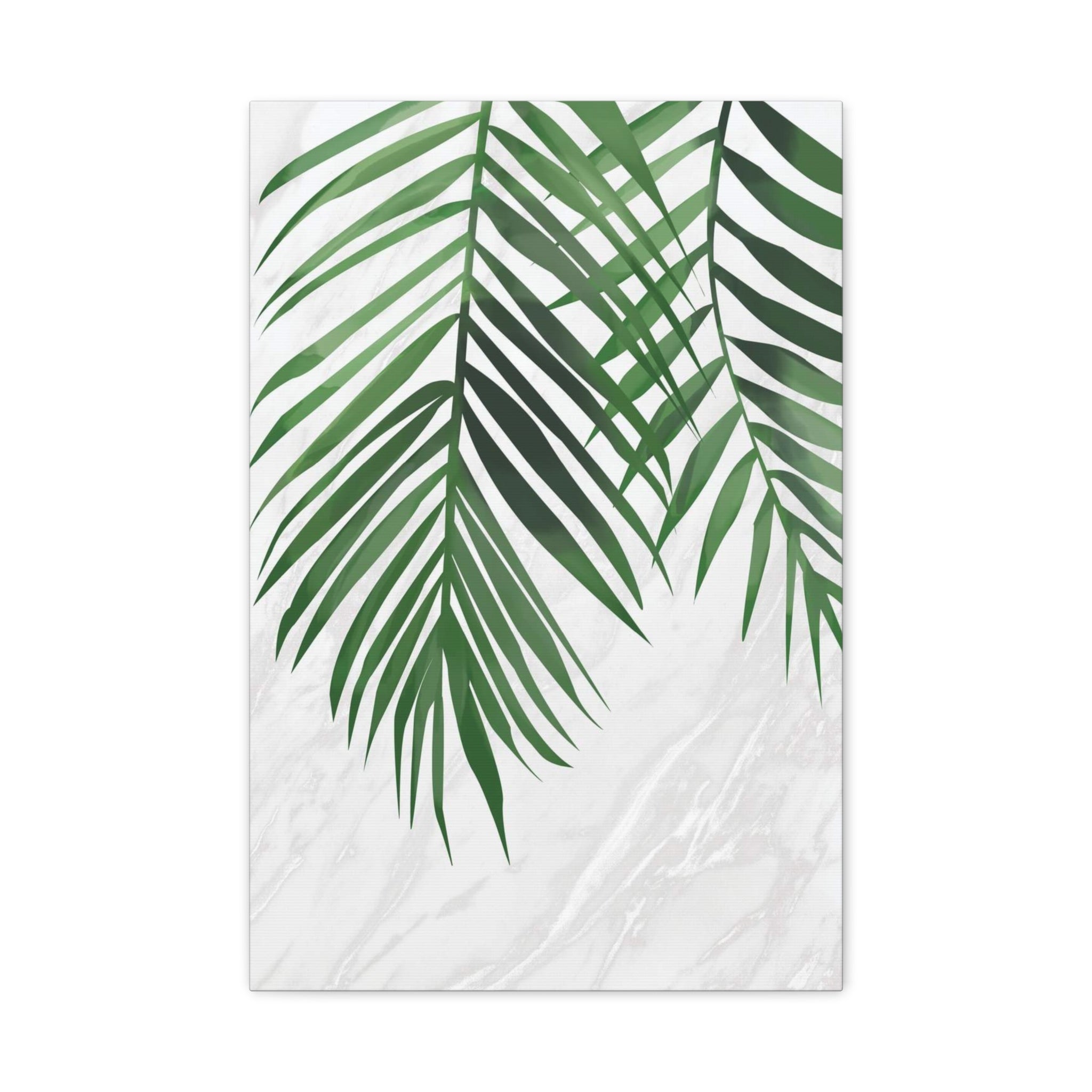 Tropical Palm Leaf Canvas Wall Art — Green Palm Fronds on Marble Matte Canvas 