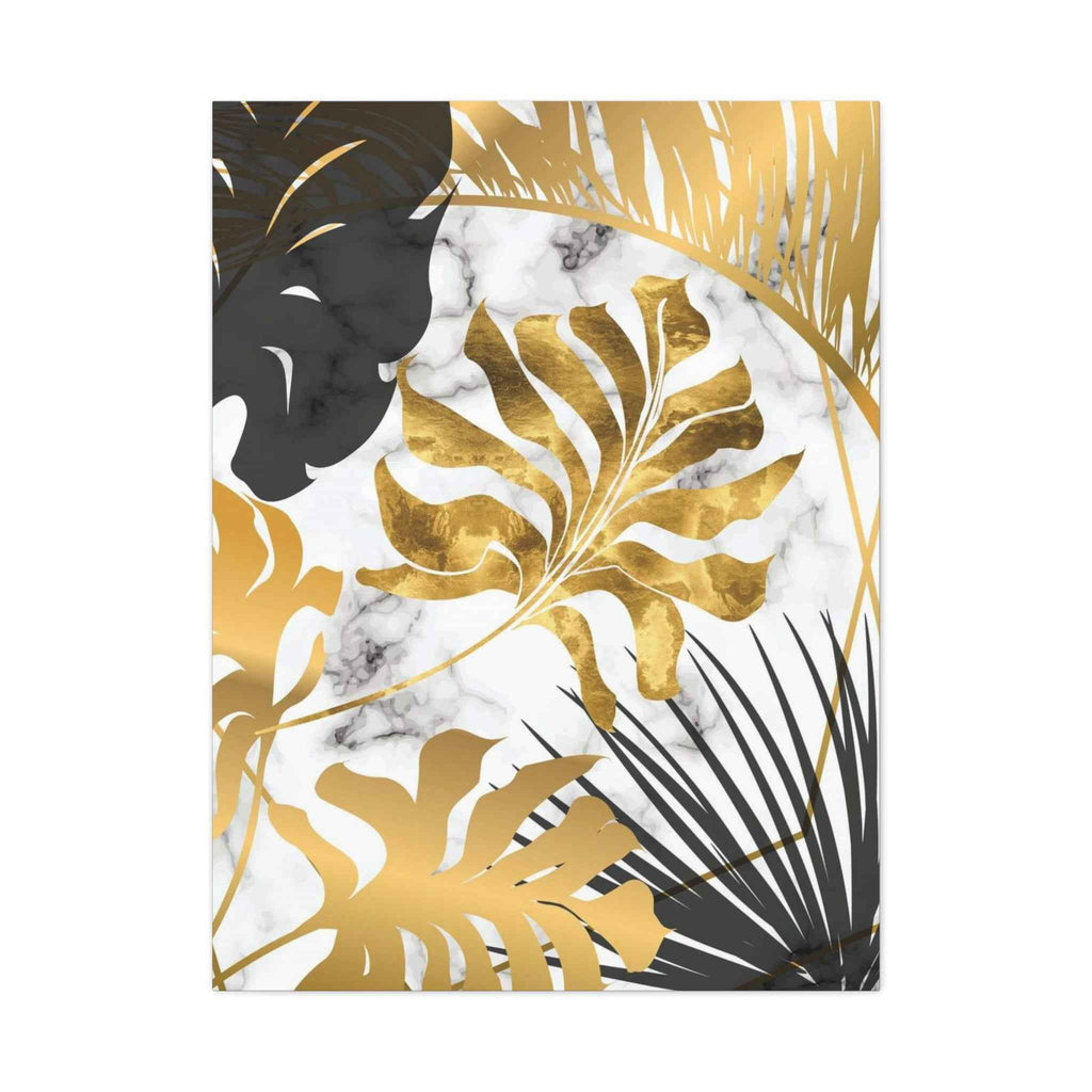 Gold Black Tropical Leaves Wall Art - Modern Marble Botanical Canvas Print for Elegant Decor - TheKaraHan