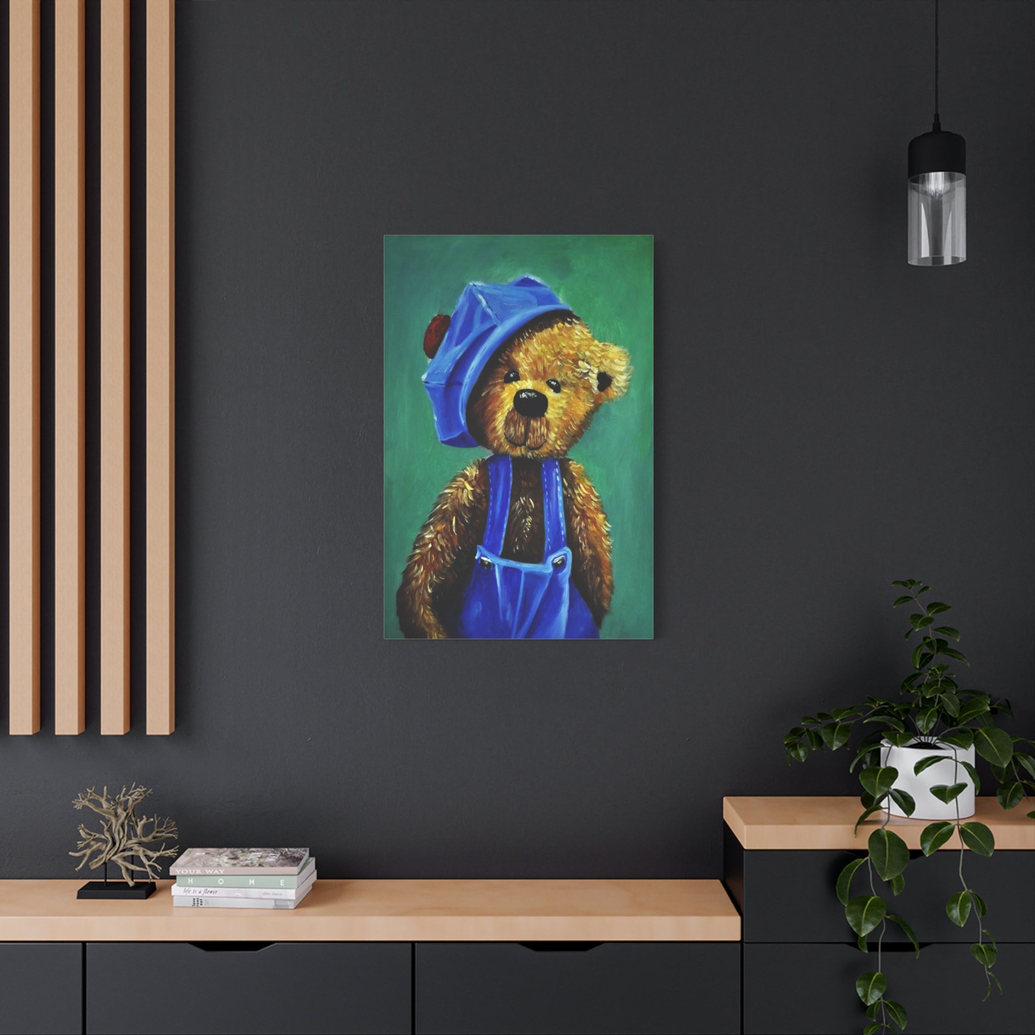 Teddy Bear Canvas Print — Cute Blue Overalls Nursery Wall Art 