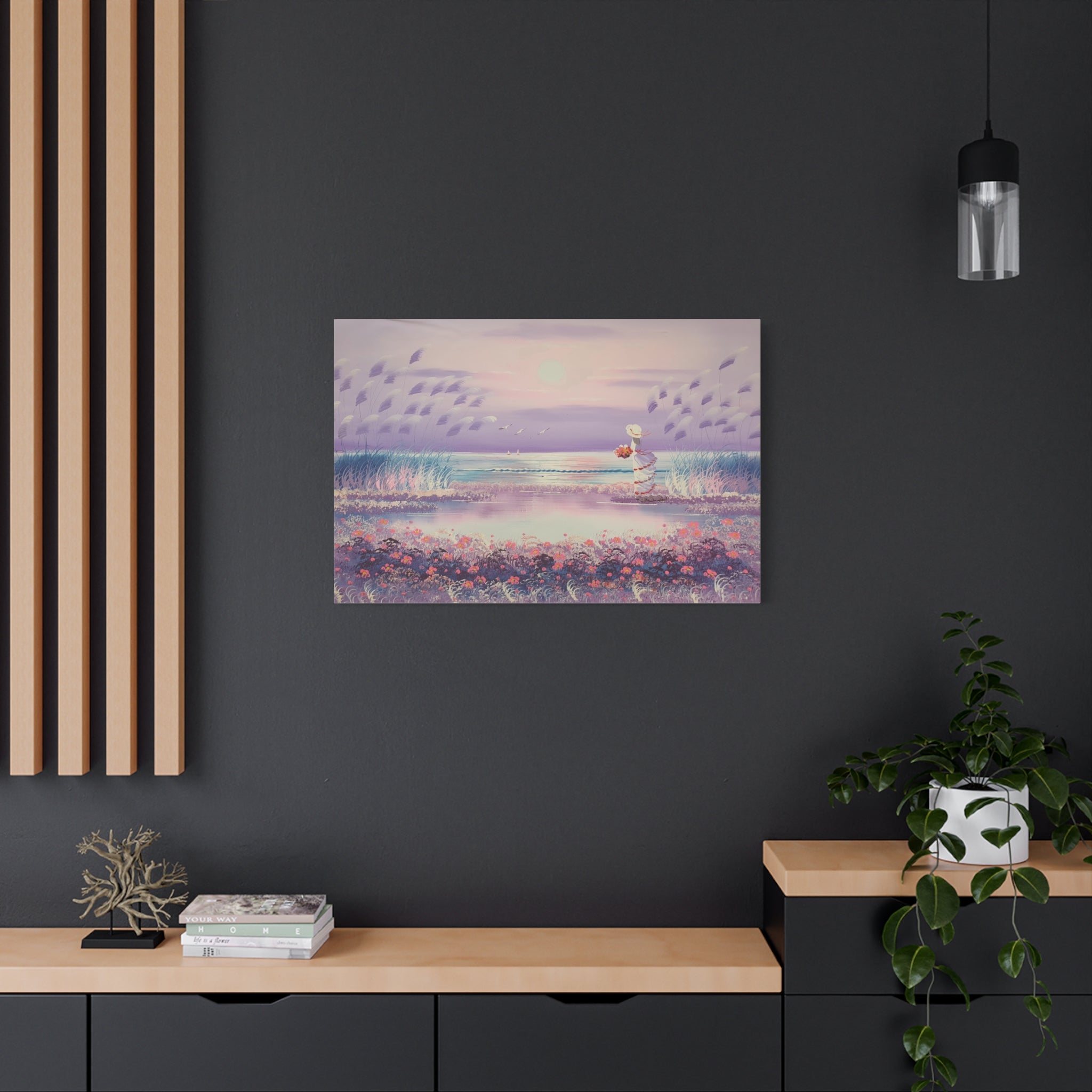 Sunset Seaside Canvas - Woman with Bouquet Beach Wall Art 