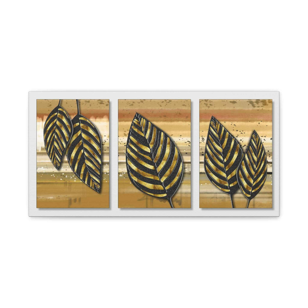 Golden Black Botanical Leaf Triptych Canvas Wall Art – Luxury Wall Decor