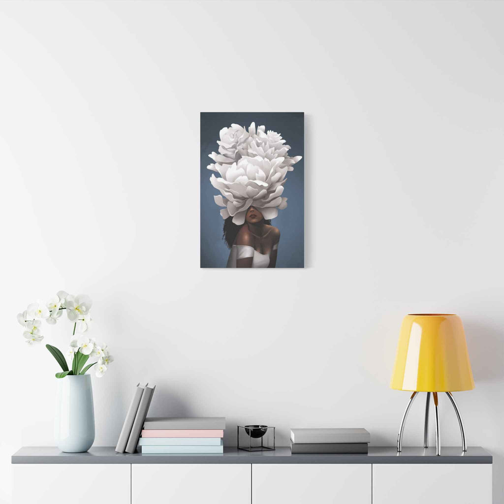 Floral Veil Canvas Wall Art — Elegant Woman with Oversized White Peony - TheKaraHan