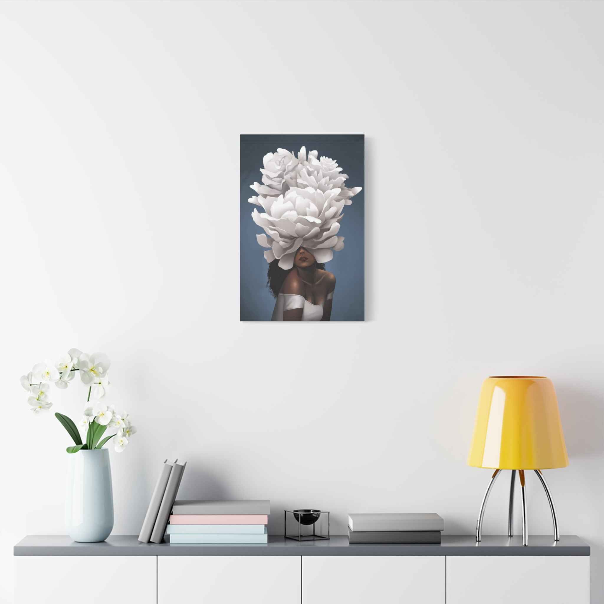 Floral Veil Canvas Wall Art — Elegant Woman with Oversized White Peony - TheKaraHan