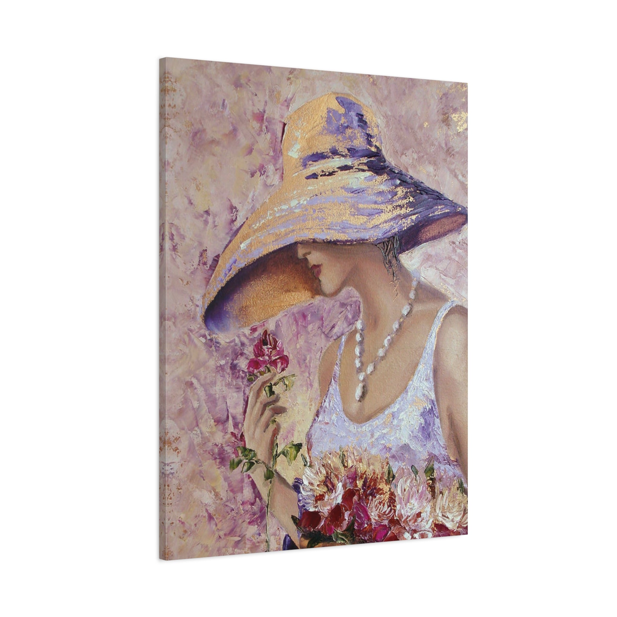 Floral Wall Art - Lady in Wide Brim Hat on Matte Stretched Canvas - TheKaraHan