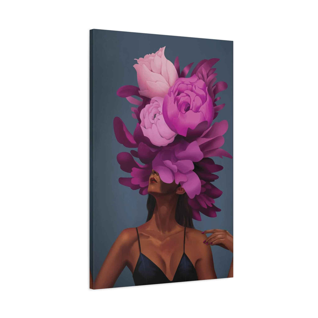 Floral Portrait Canvas Print — Woman with Oversized Pink Peony Hat (Matte Stretched) - TheKaraHan