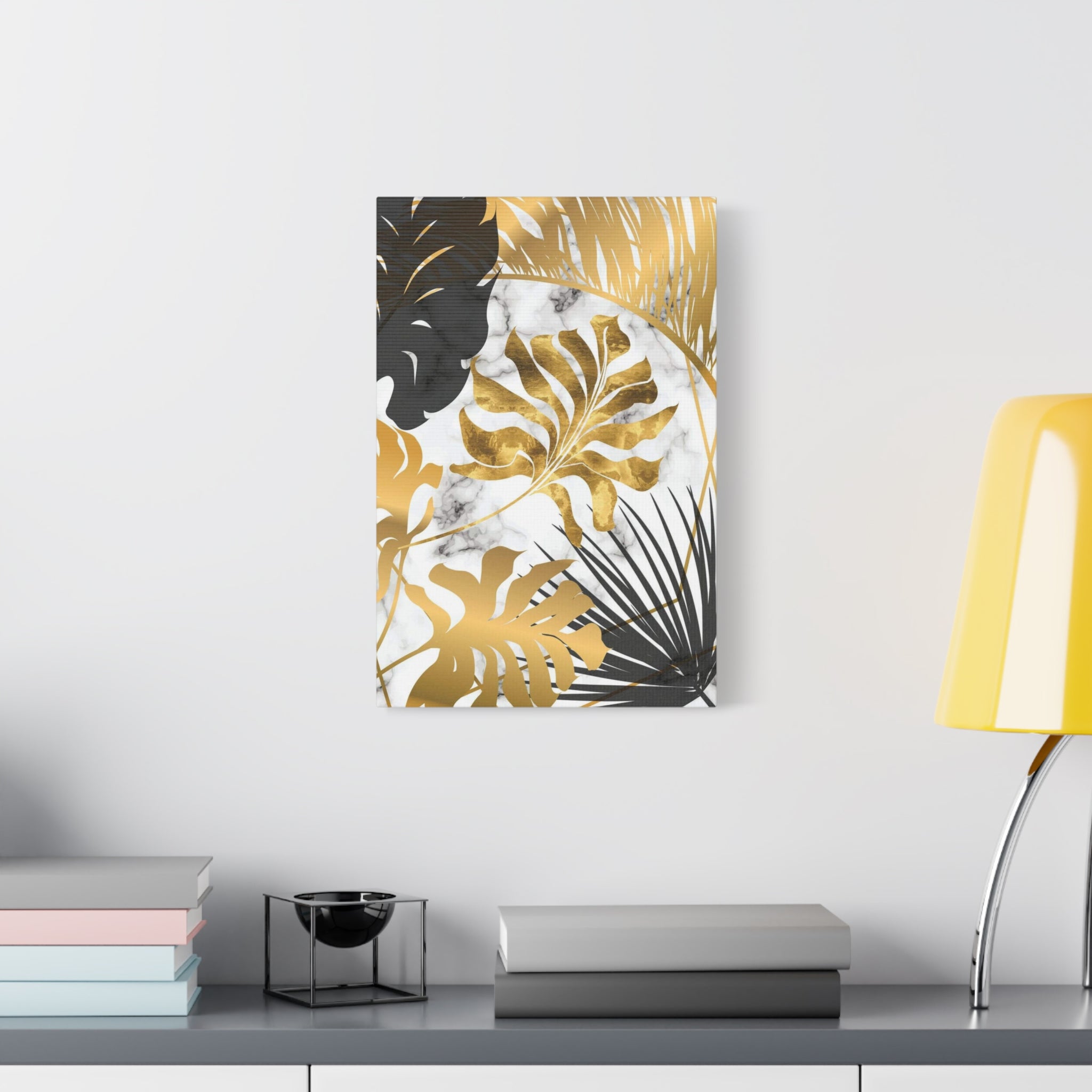 Gold & Black Tropical Leaves Canvas Wall Art — Modern Marble Botanical Print 