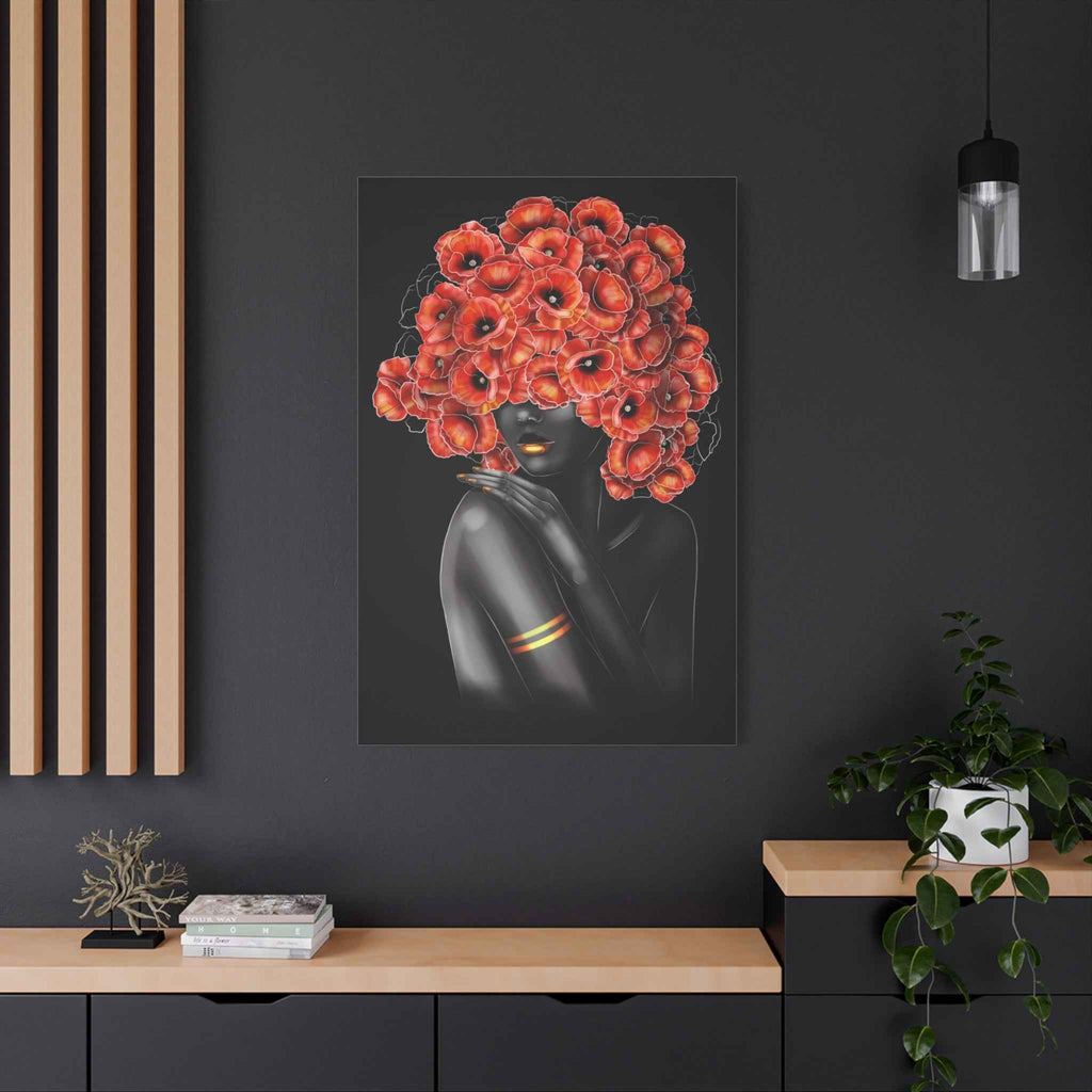 Red Floral Woman Wall Art, Abstract Black Woman Portrait