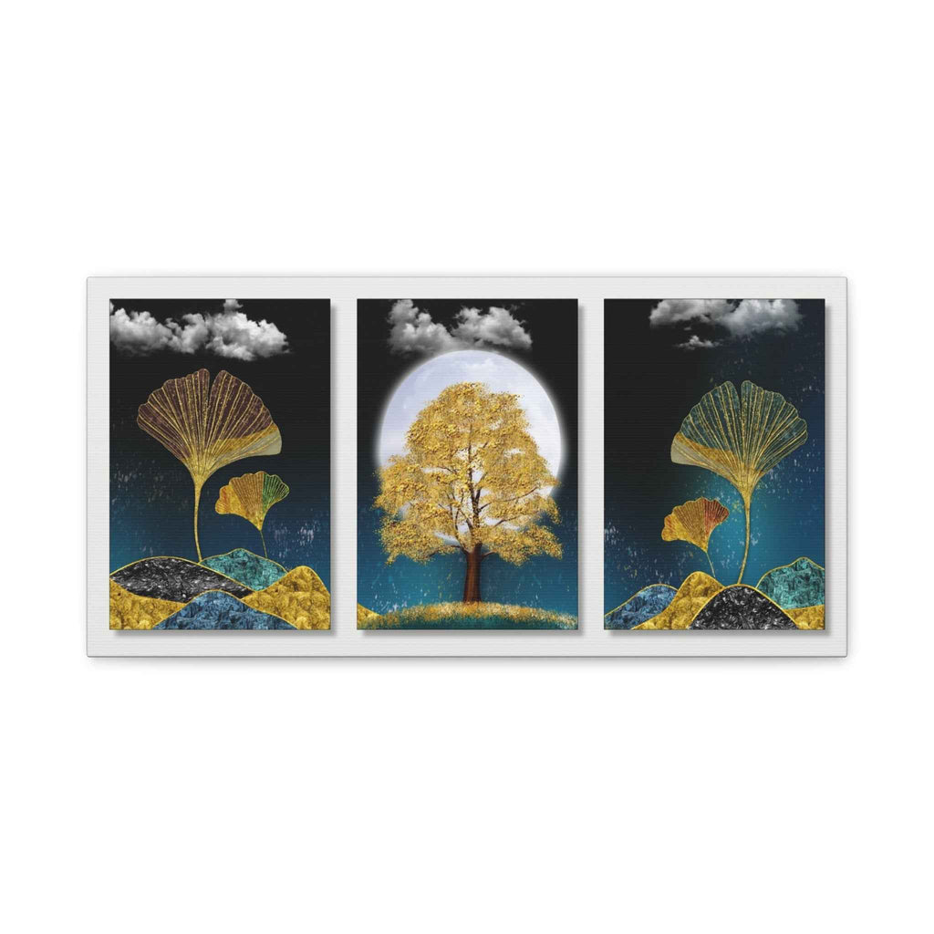 Golden Ginkgo Leaf Triptych Canvas Wall Art – Botanical Wall Decor