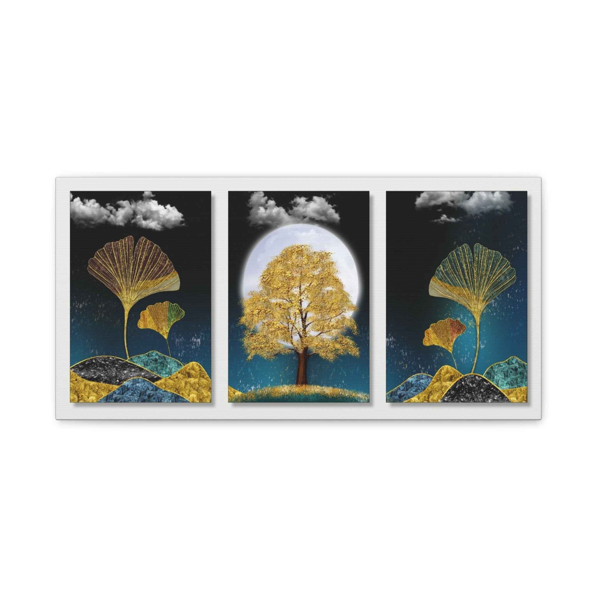 Golden Ginkgo Leaf Triptych Canvas Wall Art – Botanical Wall Decor