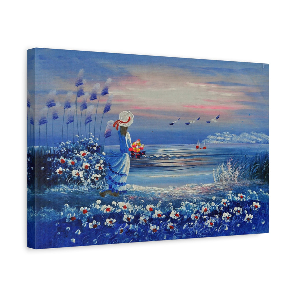 Seaside Evening Canvas Art – Woman with Flowers Coastal Wall Decor 
