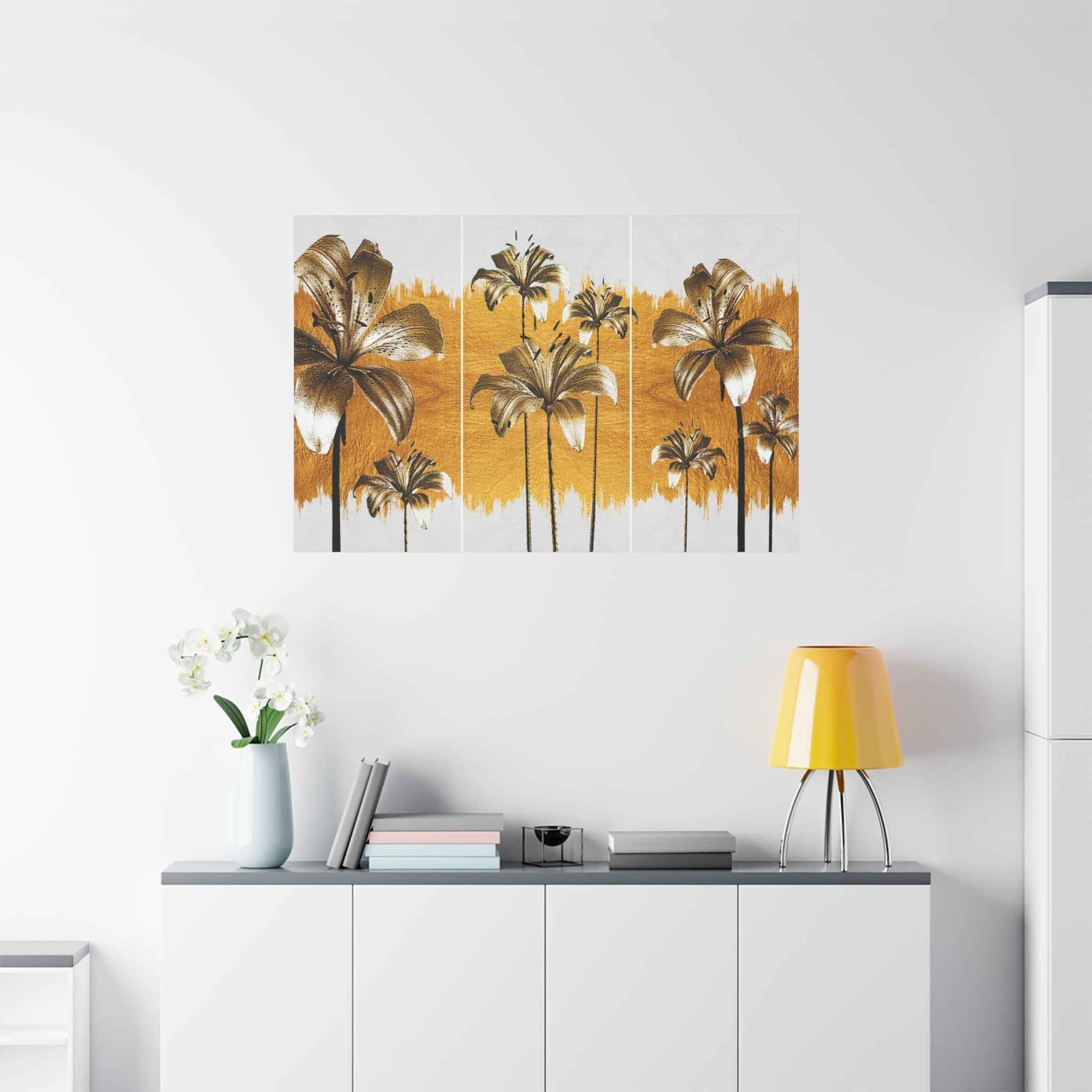 Golden Lily Flower Wall Art - Triptych Canvas Botanical Floral Decor