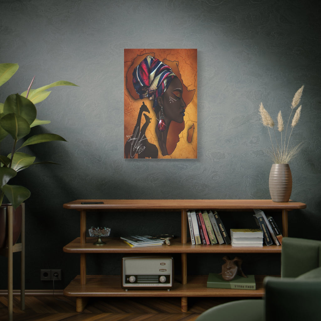 African Queen Canvas Wall Art — Profile Portrait with Giraffe Silhouette 