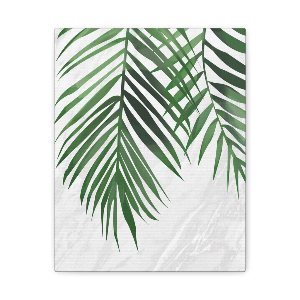 Tropical Palm Leaf Wall Art - Green Palm Fronds on Marble Matte Canvas - TheKaraHan