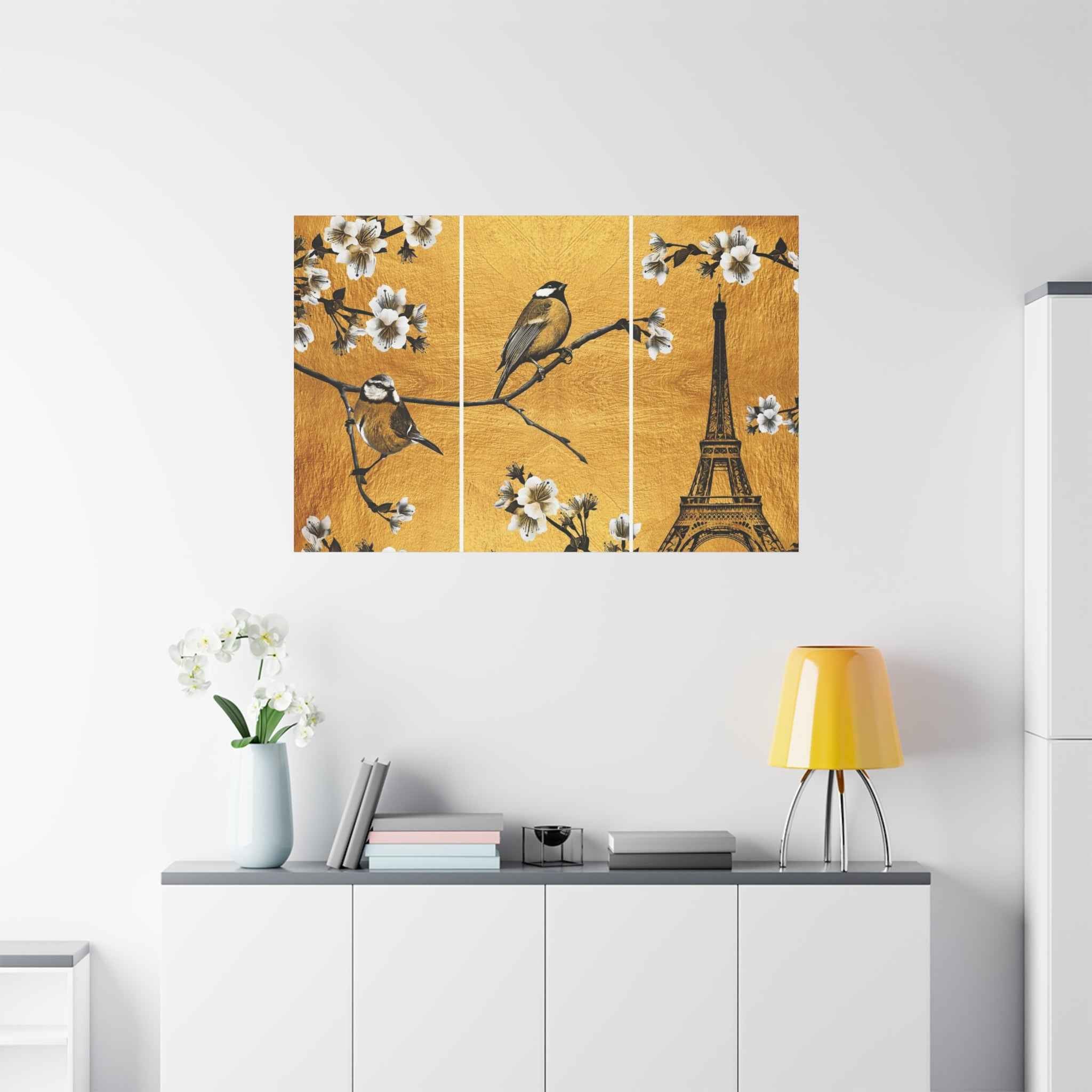 Paris Eiffel Tower Birds Triptych Canvas Wall Art – Floral Travel Decor