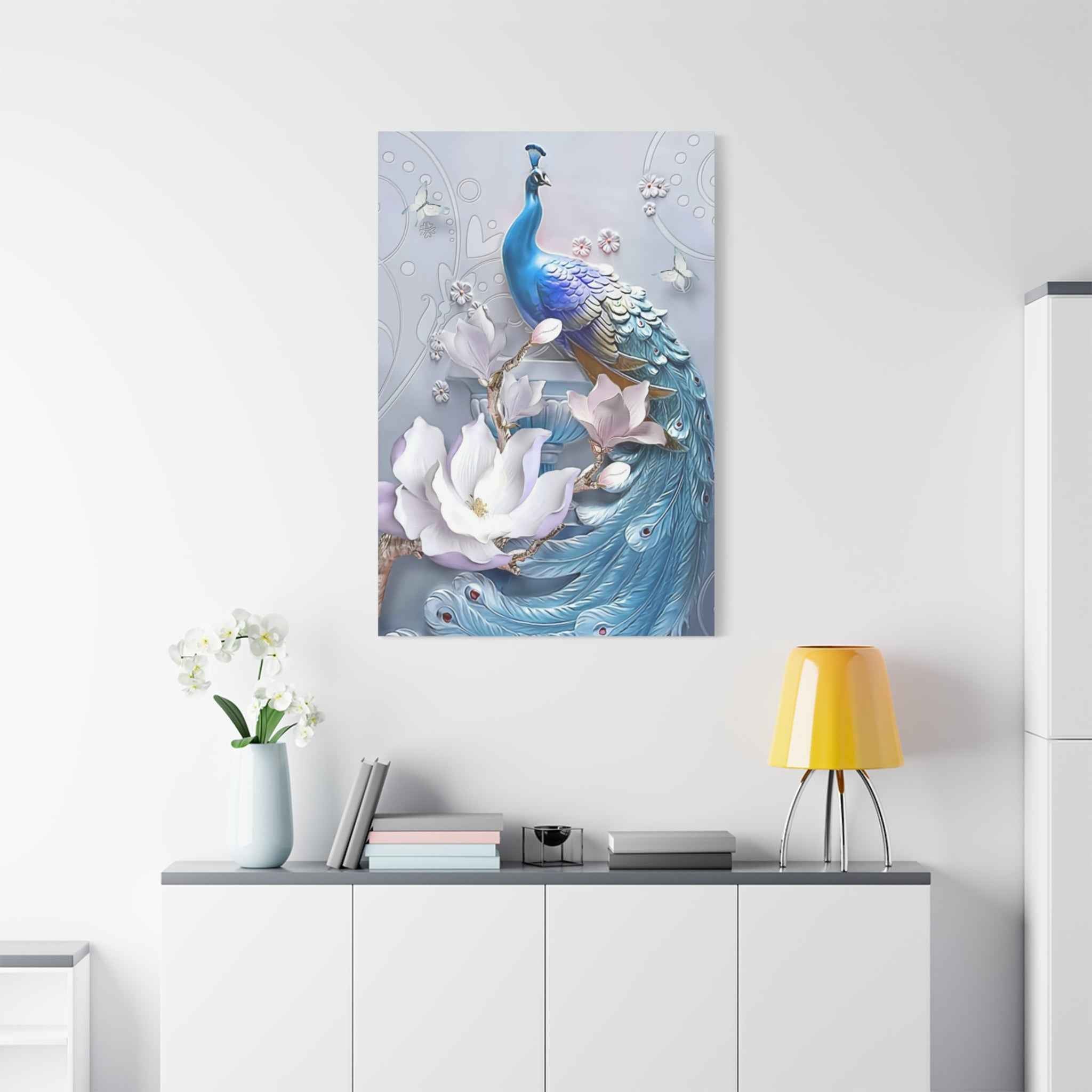 Blue Peacock Canvas Wall Art - Matte Stretched Floral Home Decor - TheKaraHan