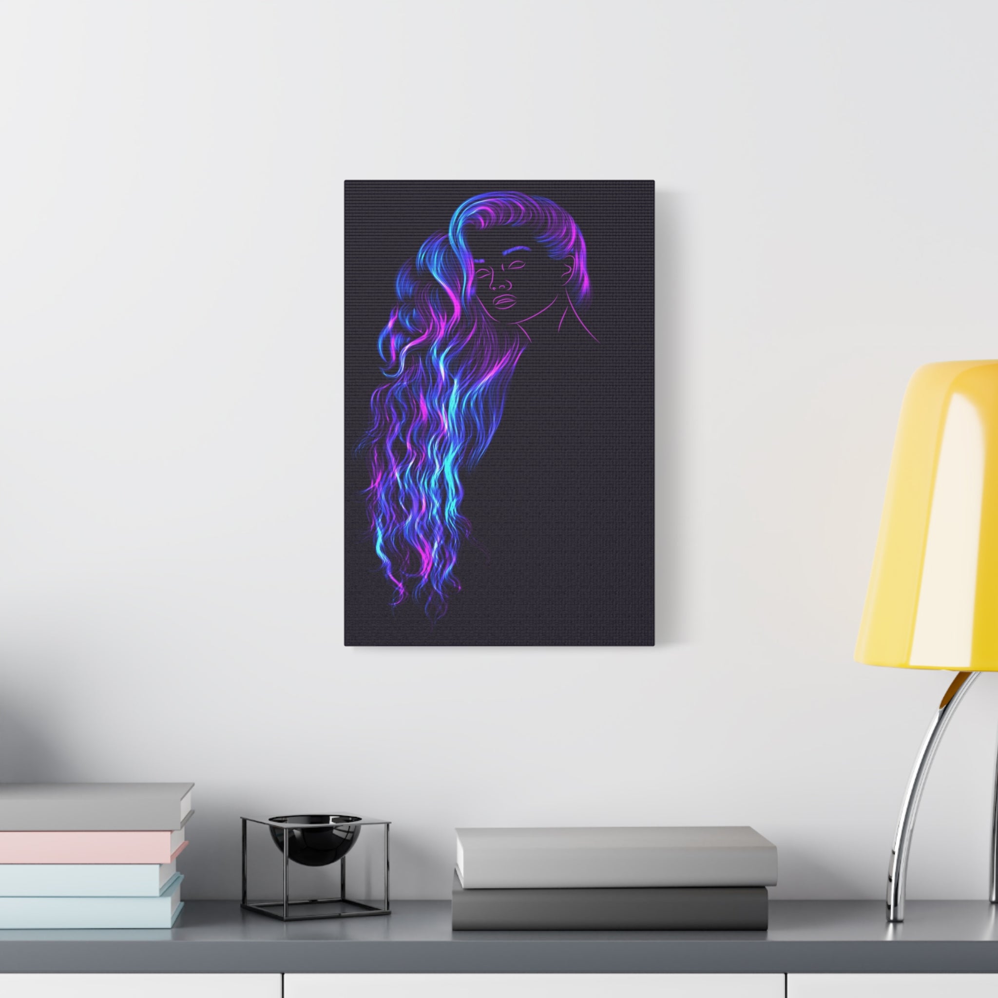 Neon Hair Portrait Canvas – Vibrant Purple & Blue Wall Art 