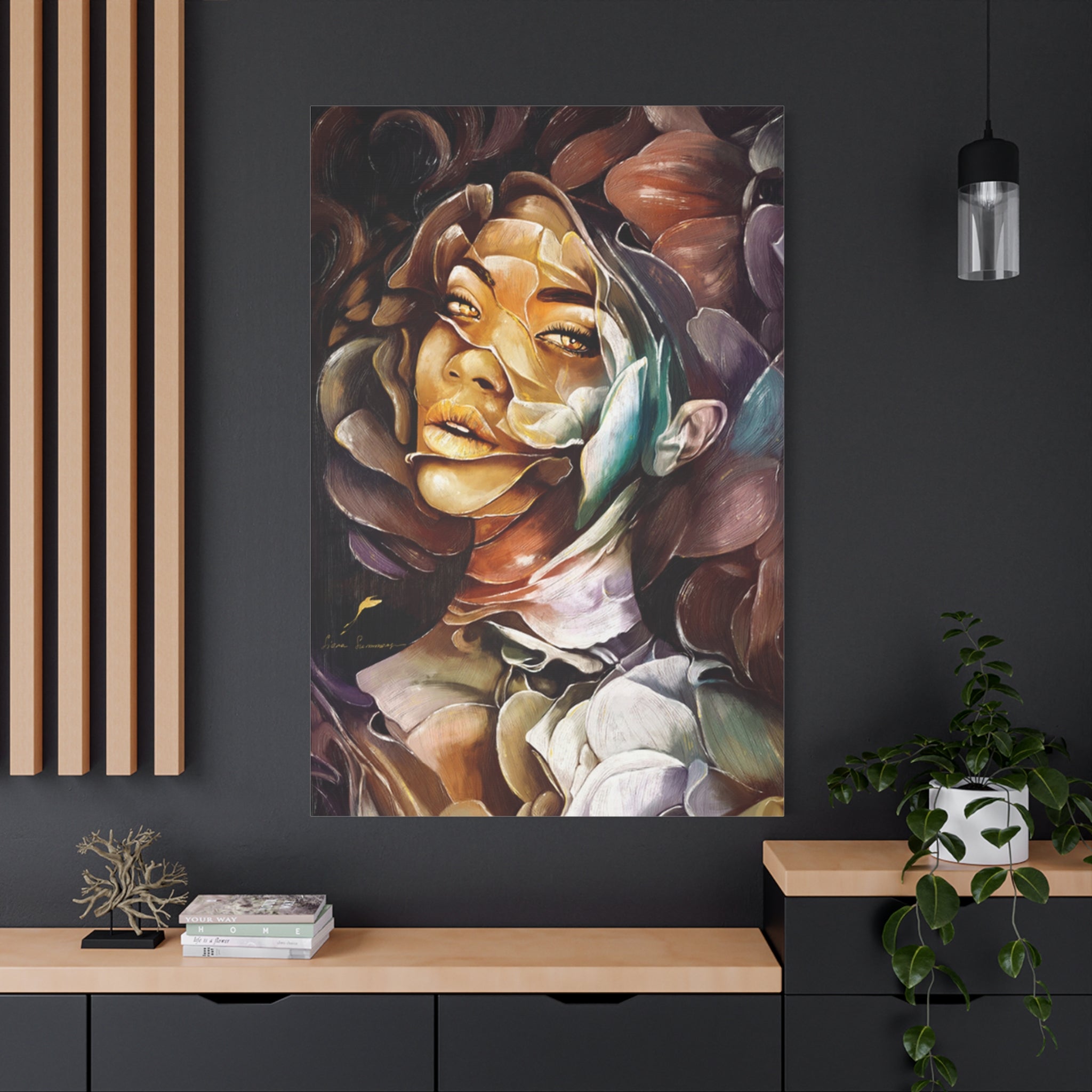 Abstract Floral Portrait Canvas Print — Contemporary Woman Face Art 