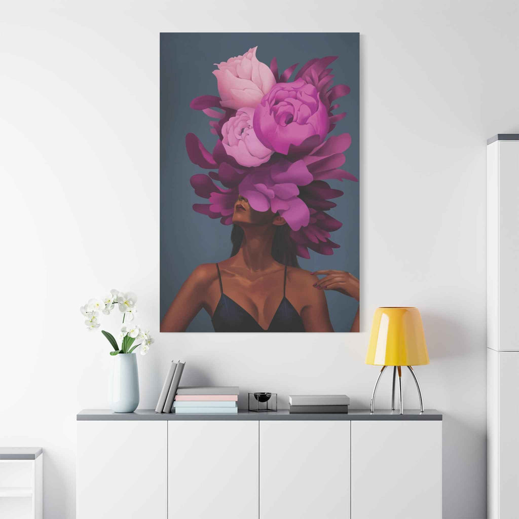 Floral Portrait Canvas Print — Woman with Oversized Pink Peony Hat (Matte Stretched) - TheKaraHan