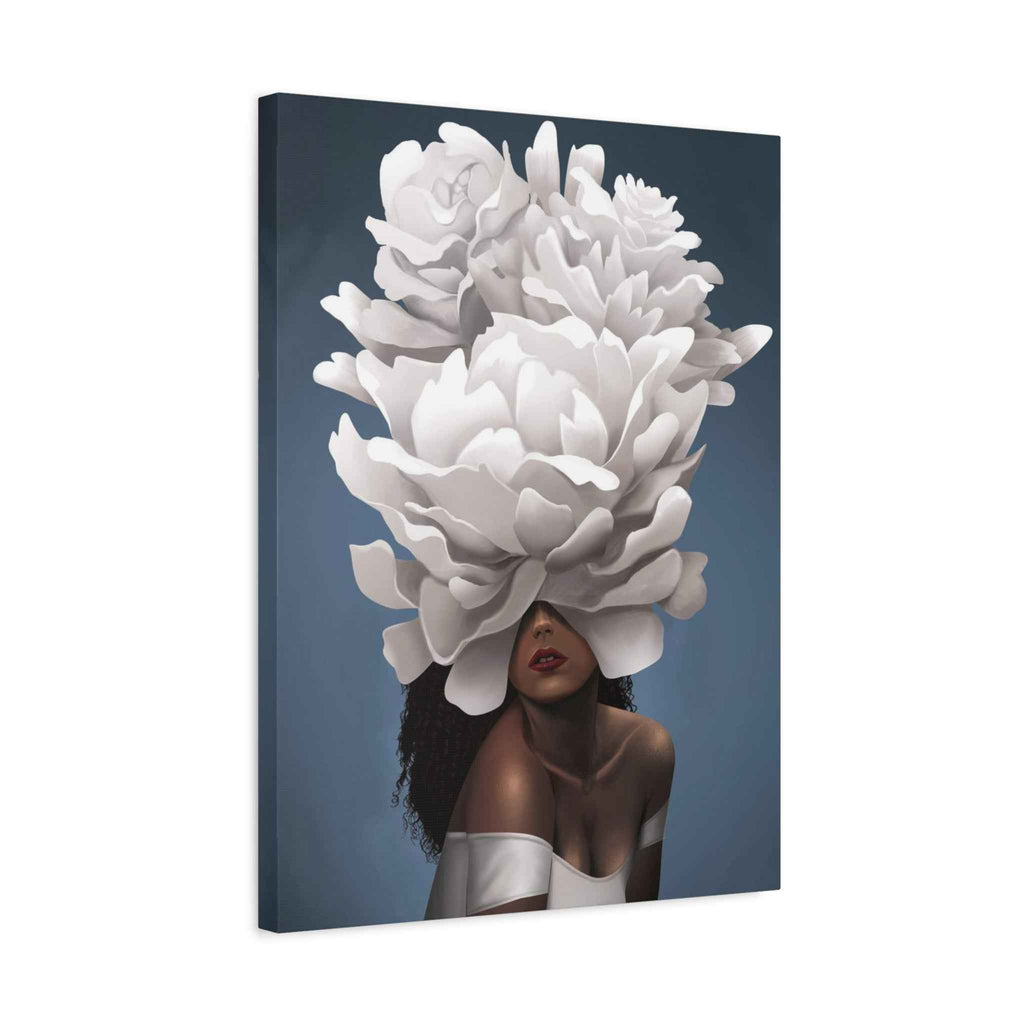 Floral Veil Canvas Wall Art — Elegant Woman with Oversized White Peony - TheKaraHan
